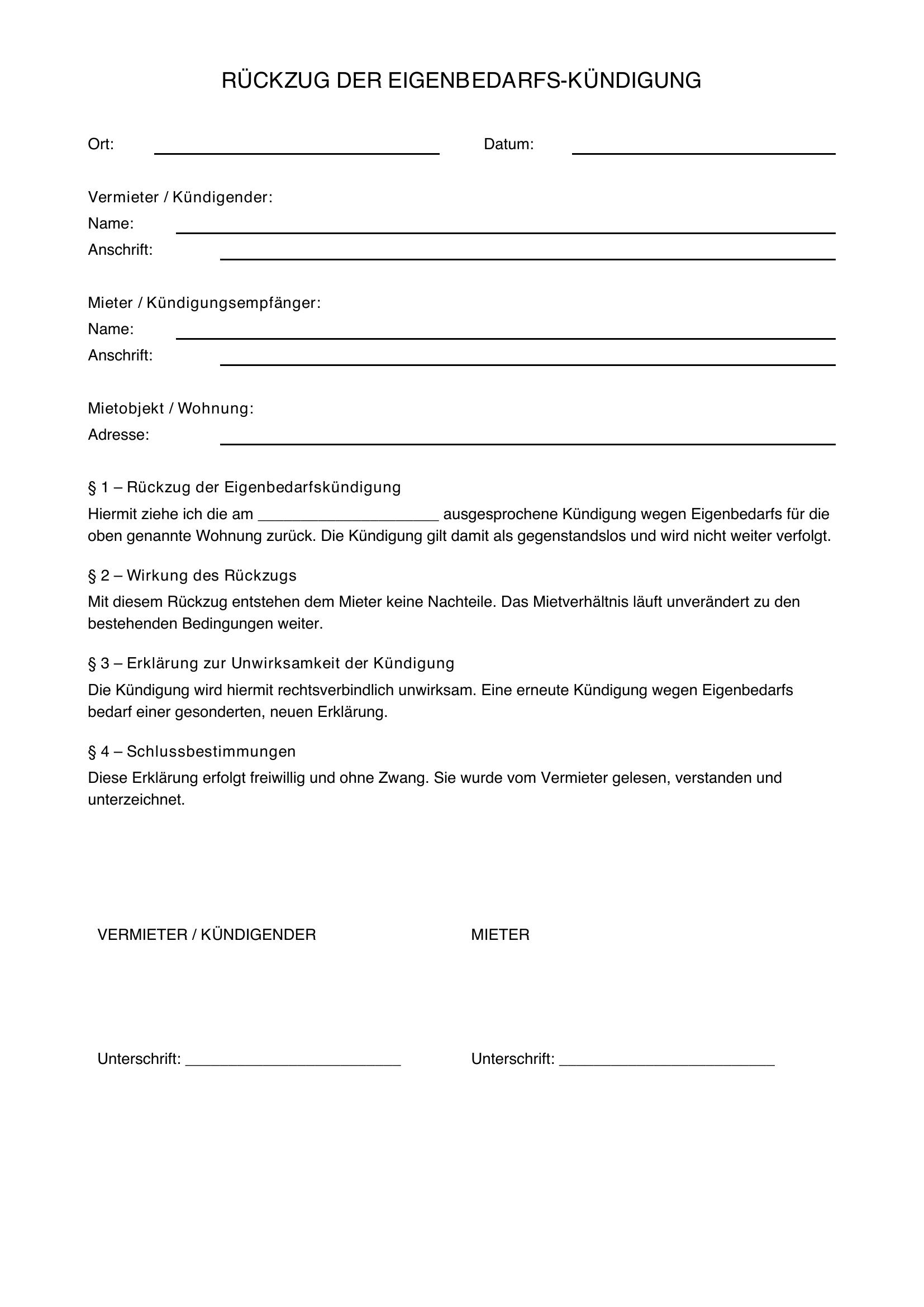Eigenbedarfskündigung Zurückziehen Muster
