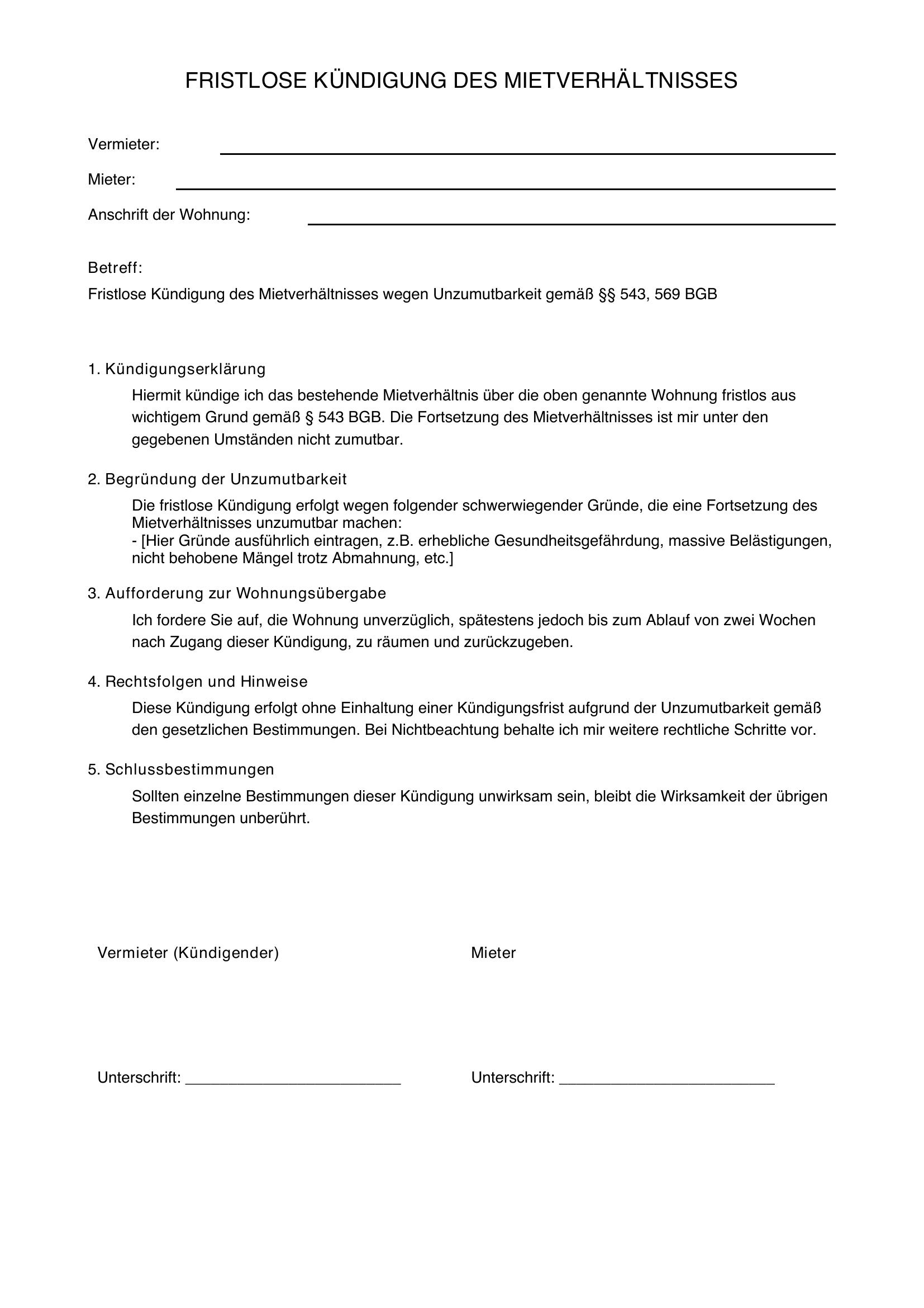Fristlose Kündigung Mieter Wegen Unzumutbarkeit Muster
