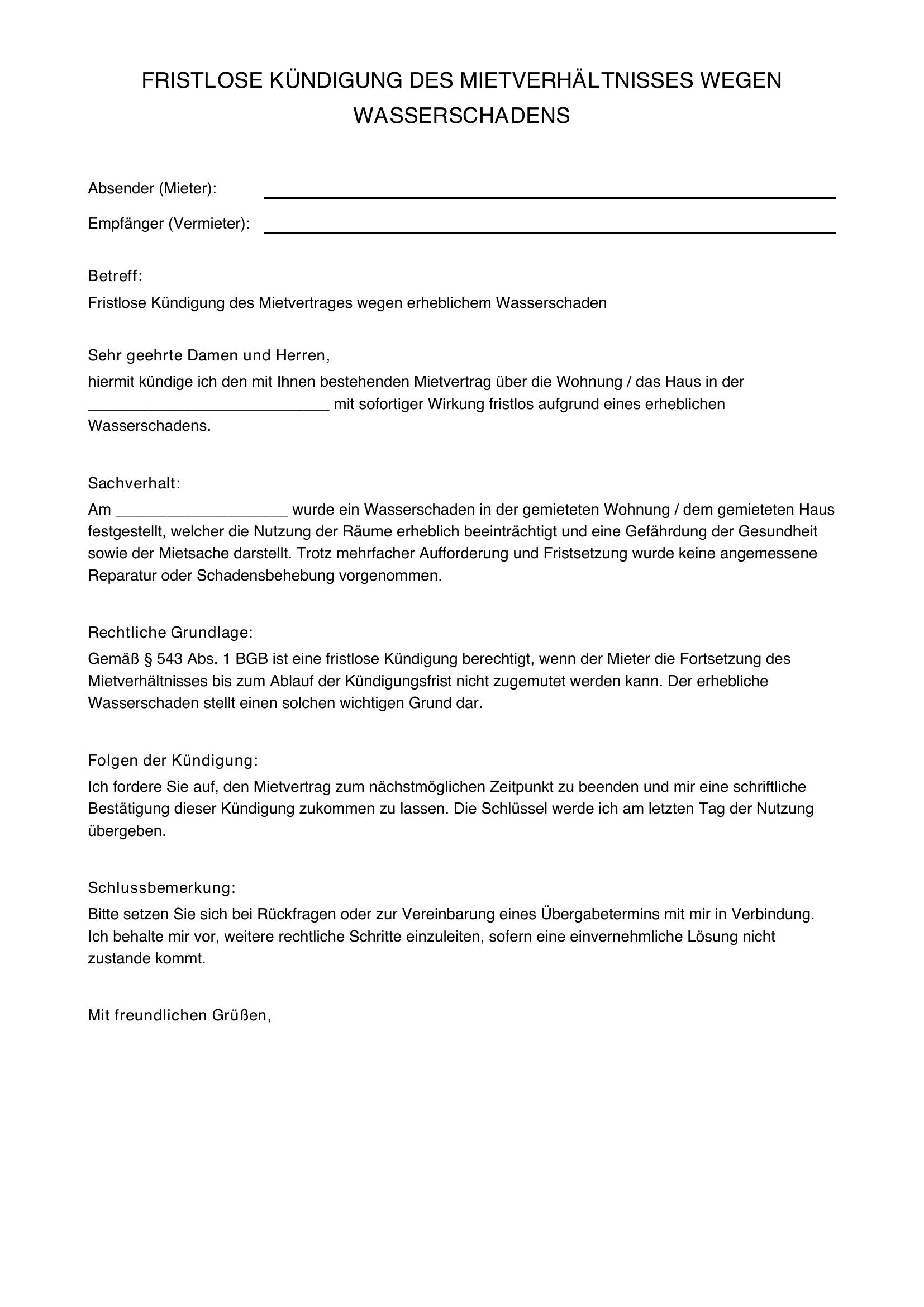 Fristlose Kündigung Wasserschaden Muster