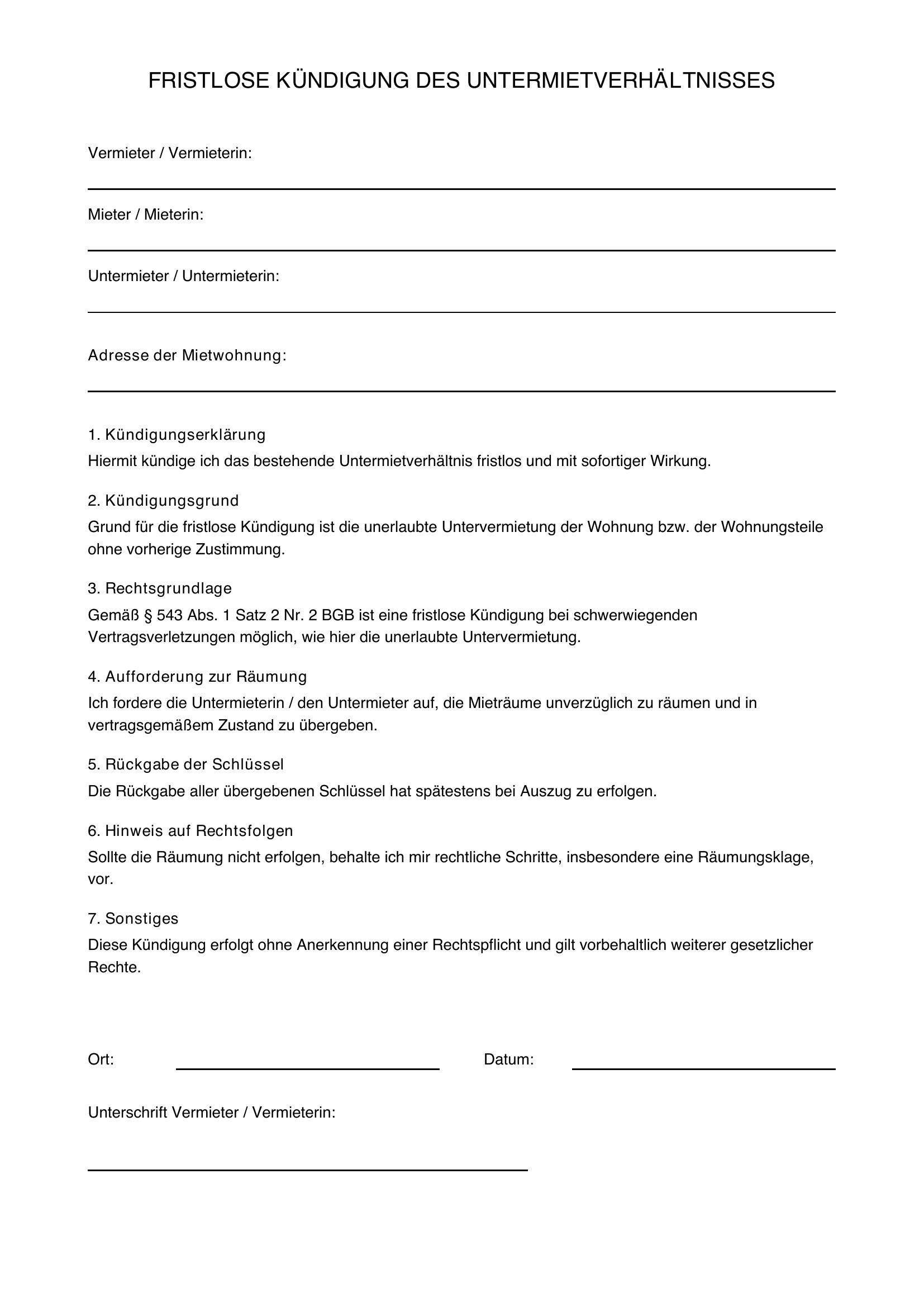Fristlose Kündigung Wegen Untervermietung Muster