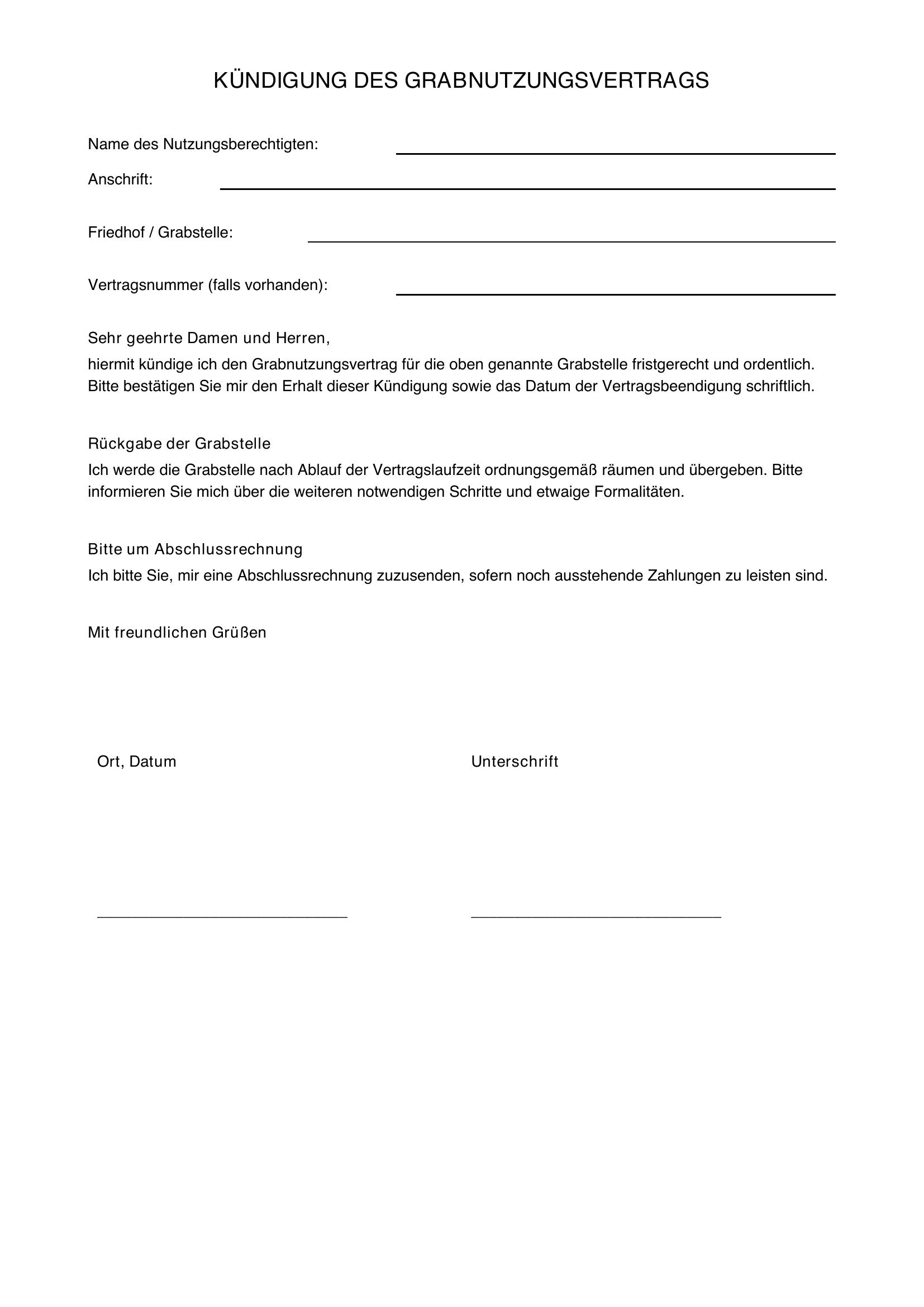 Grabauflösung Kündigungsschreiben