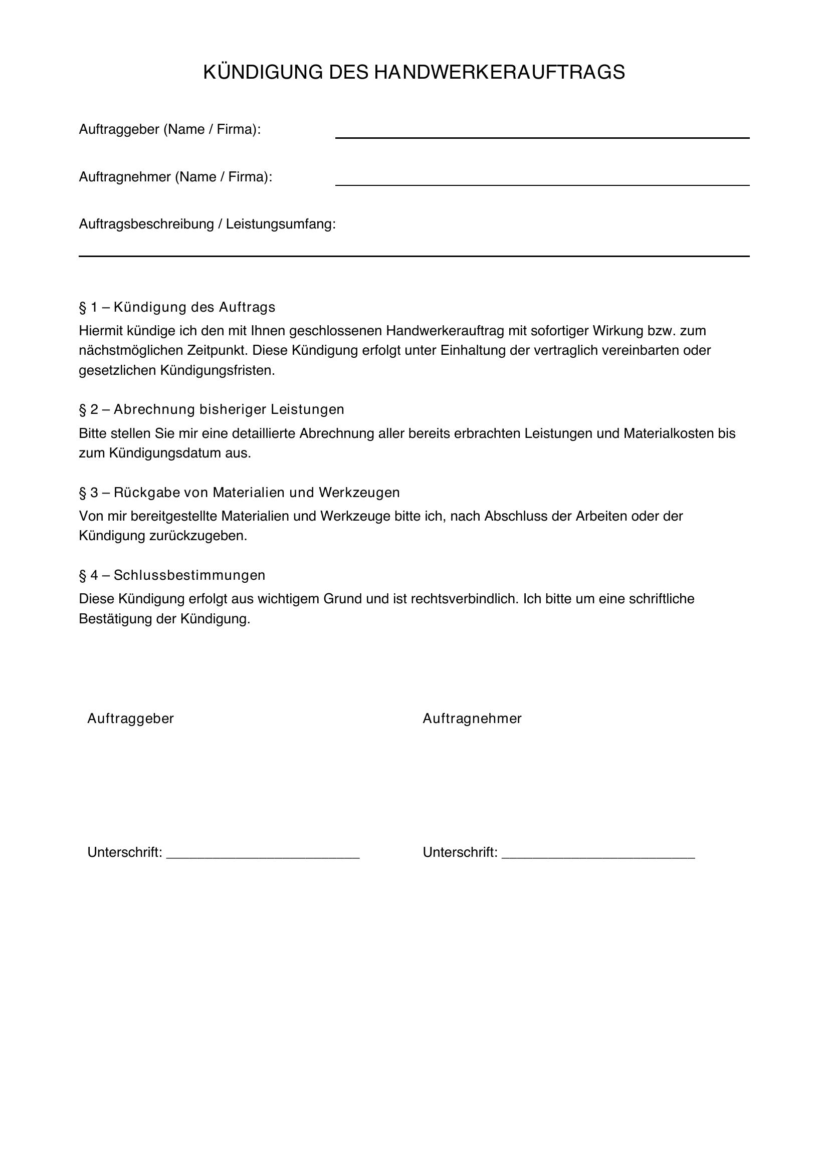 Handwerker Auftrag Kündigen Muster