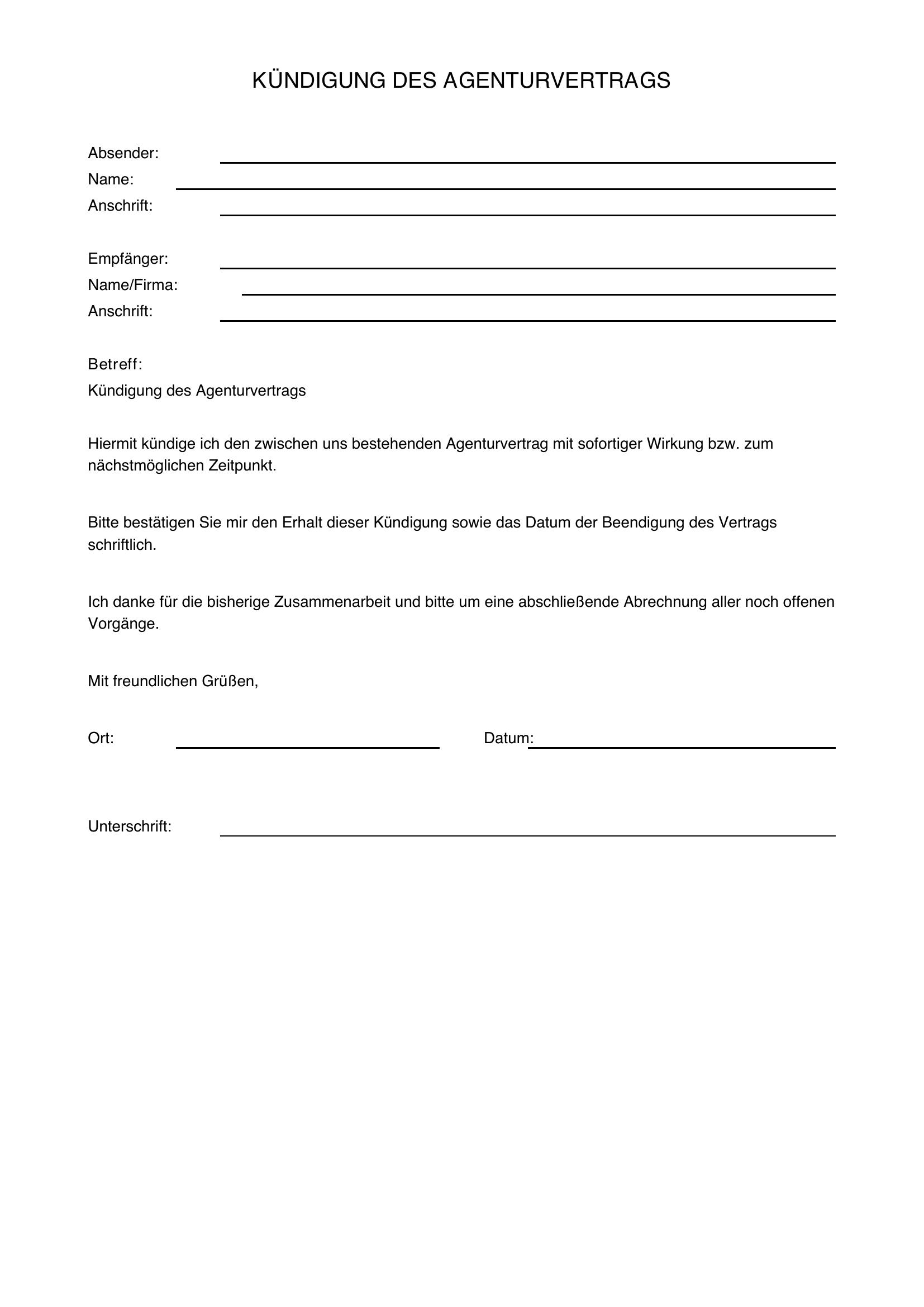 Kündigung Agenturvertrag Vorlage