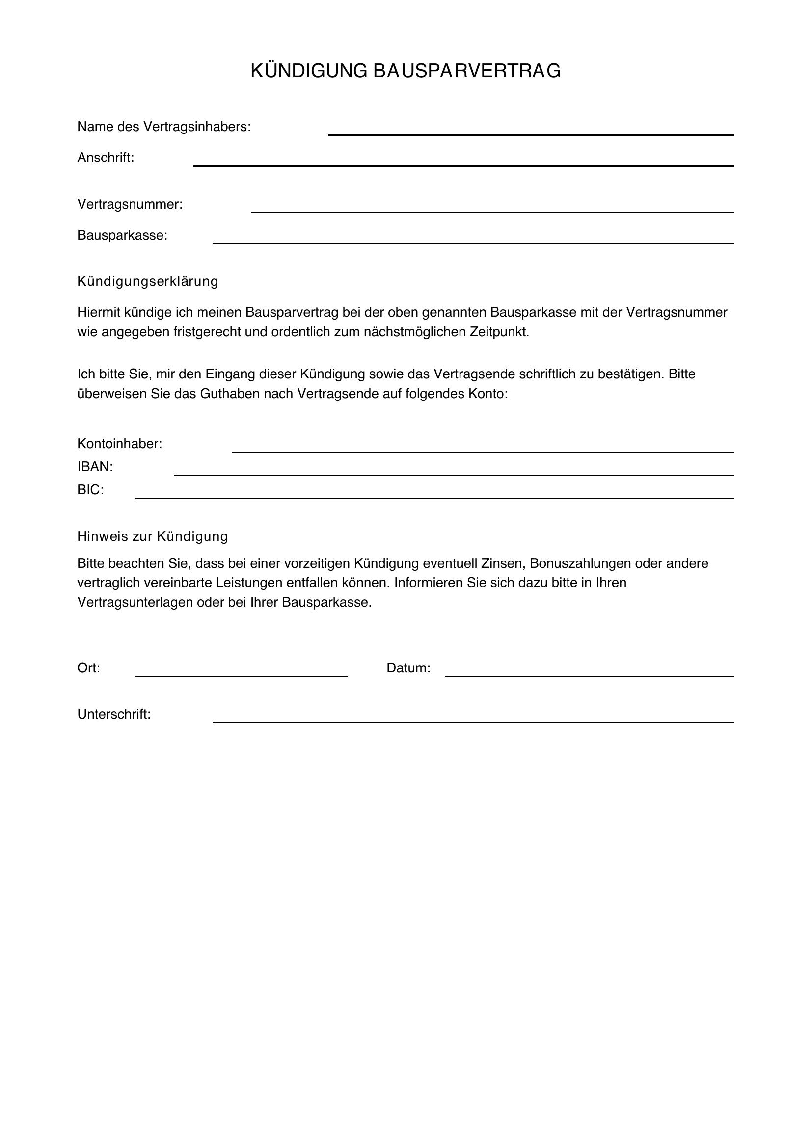 Kündigung Bausparvertrag Badenia Vorlage