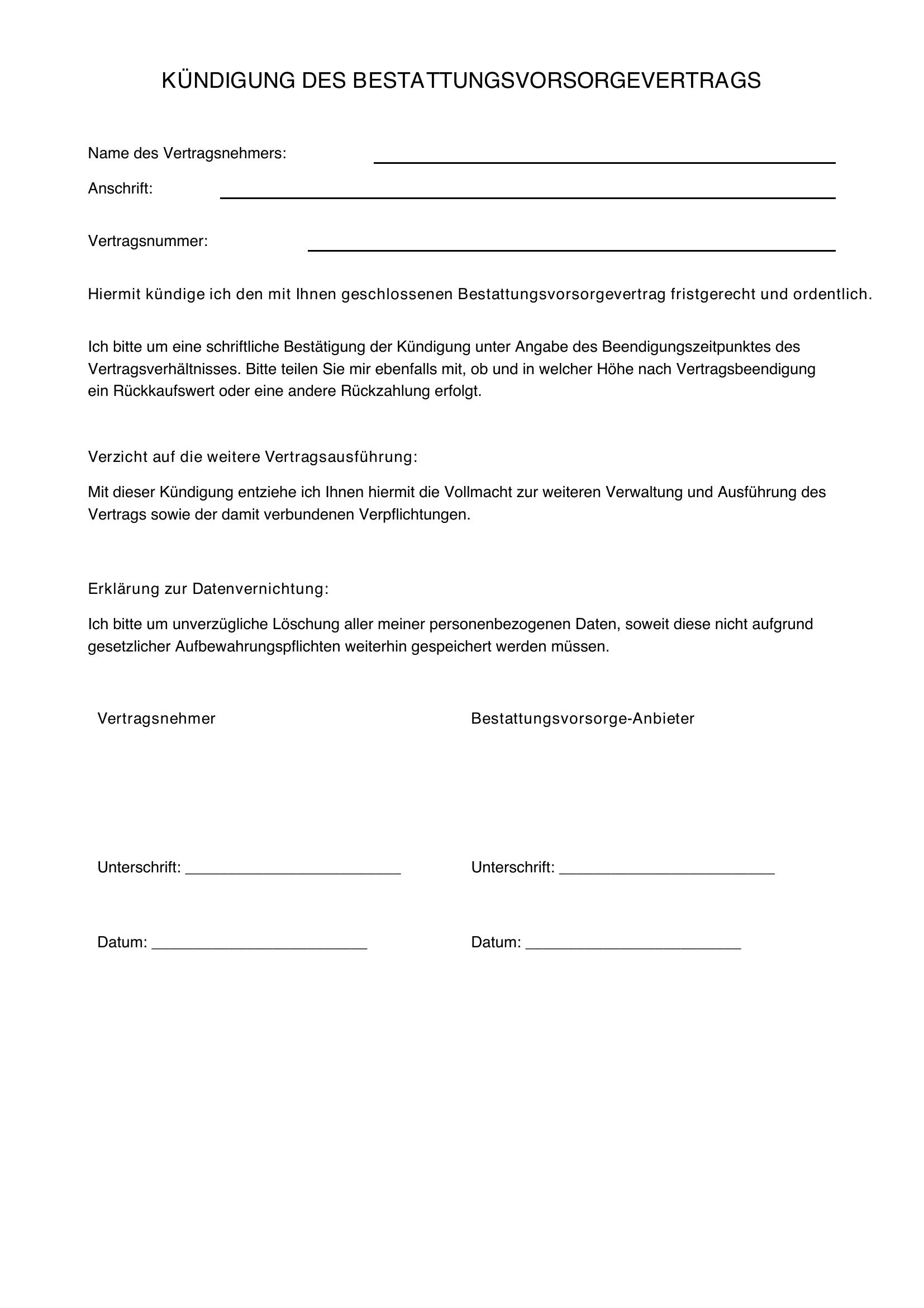 Kündigung Bestattungsvorsorgevertrag Muster