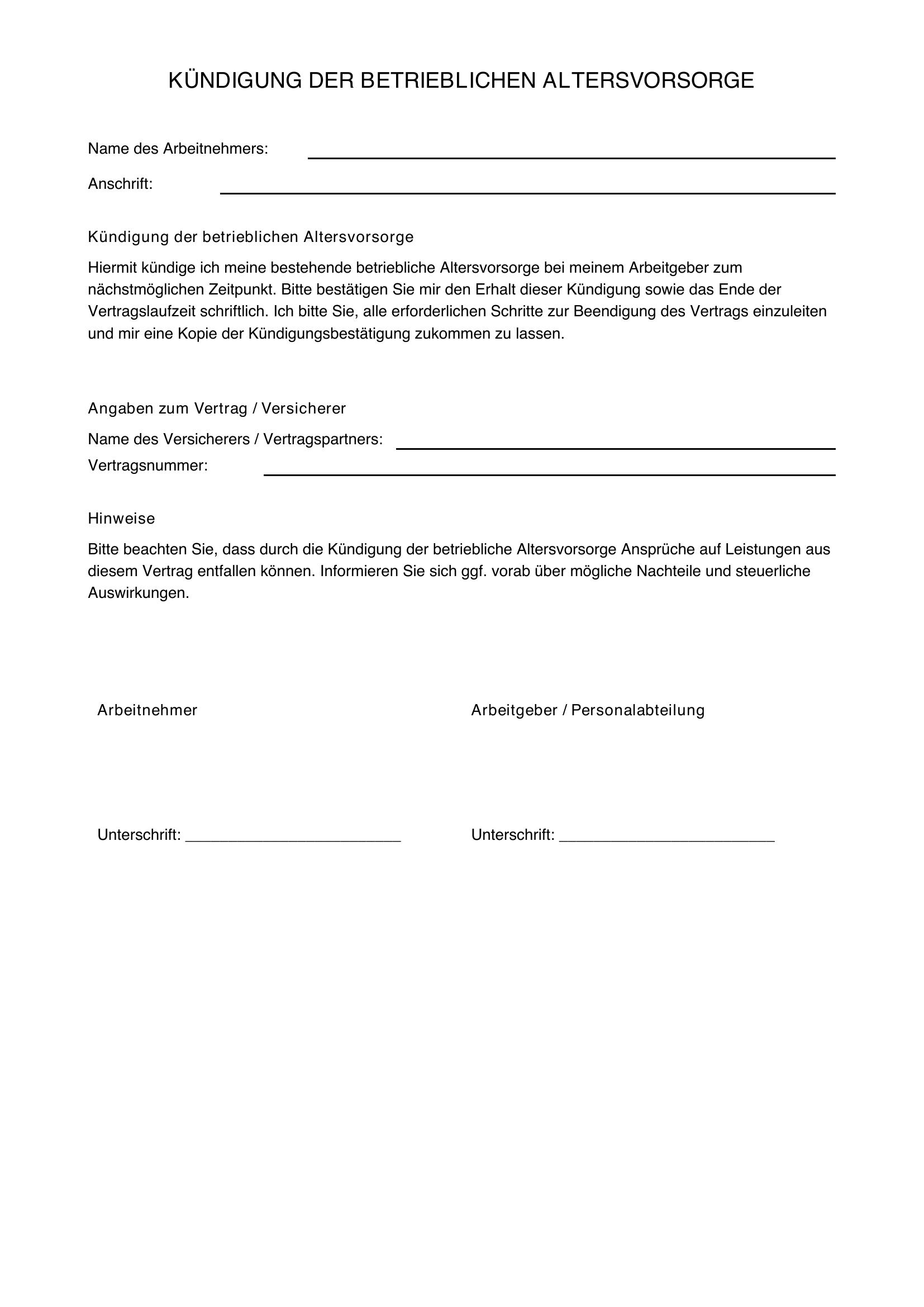 Kündigung Betriebliche Altersvorsorge Vorlage