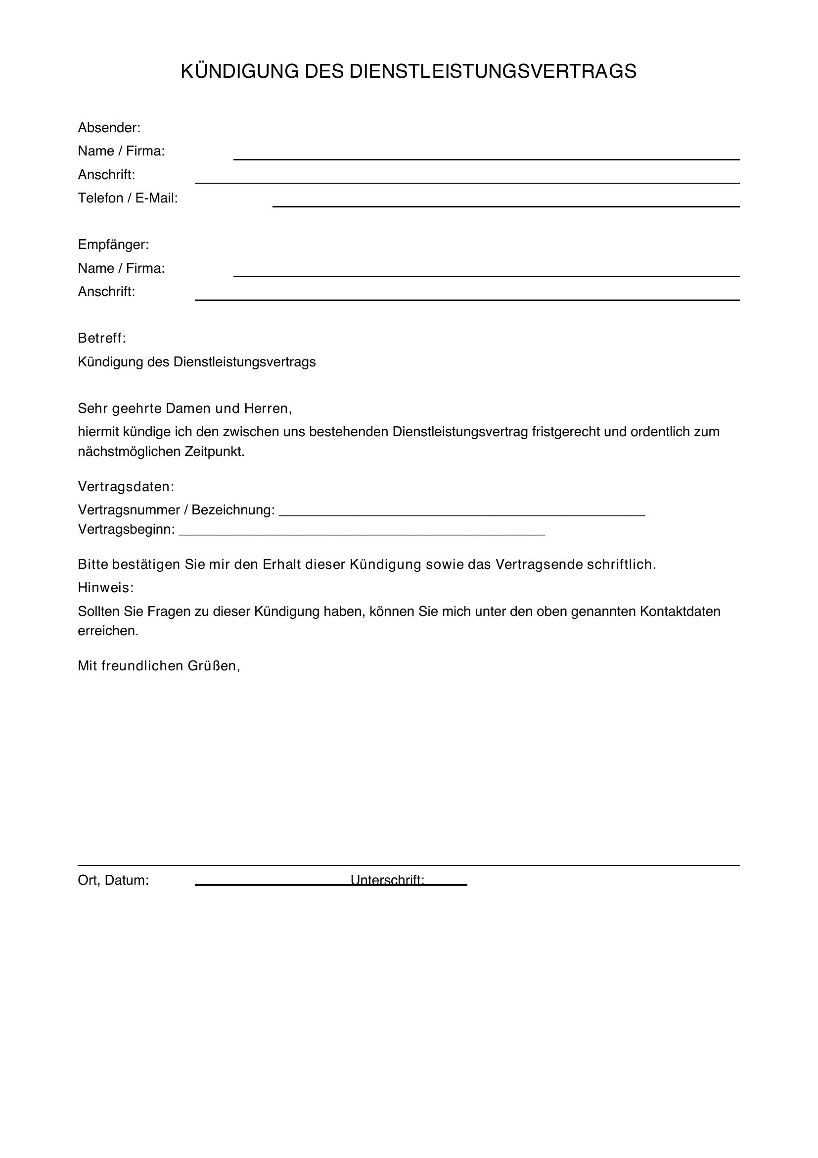 Kündigung Dienstleistungsvertrag Vorlage