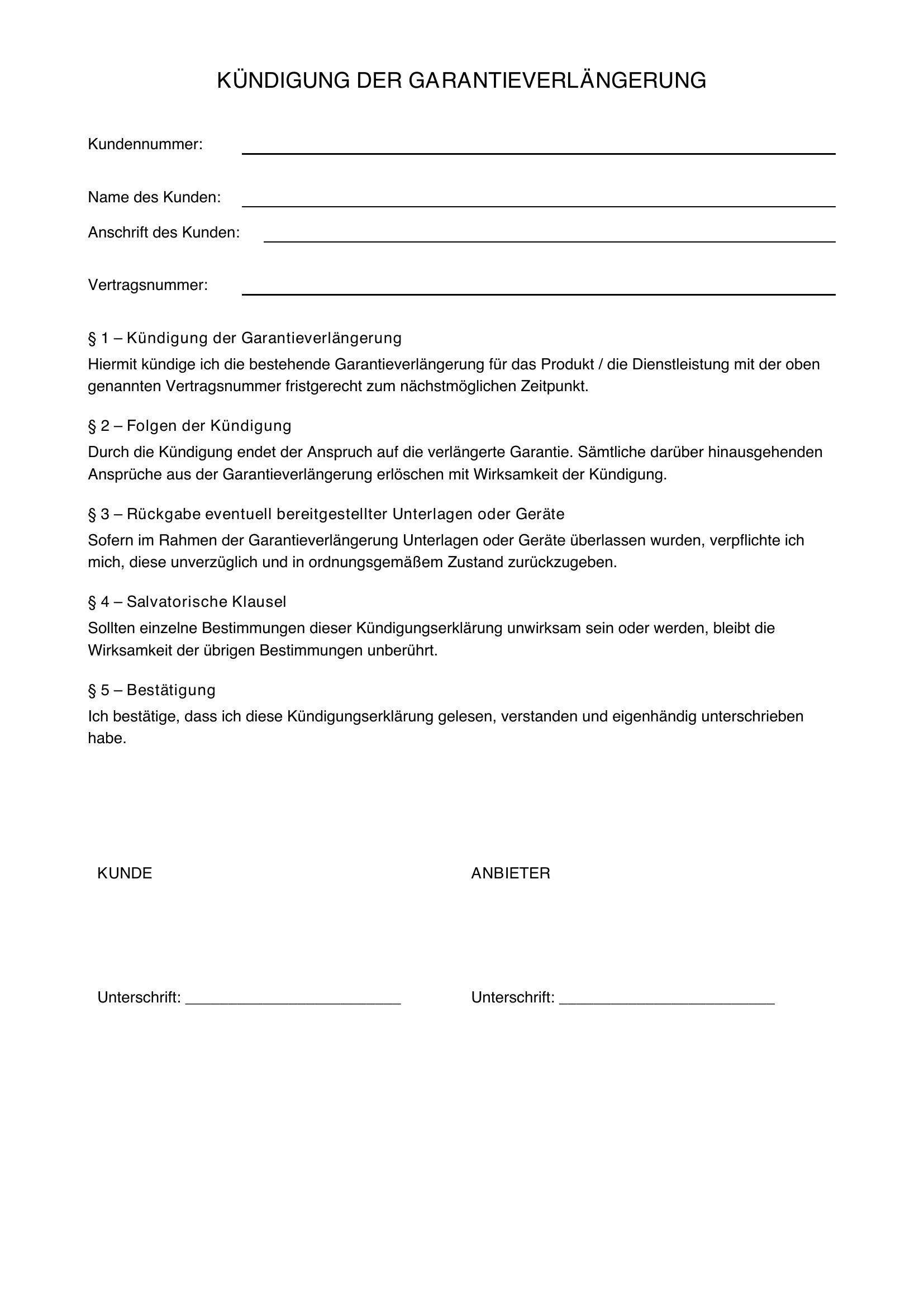 Kündigung Garantieverlängerung
