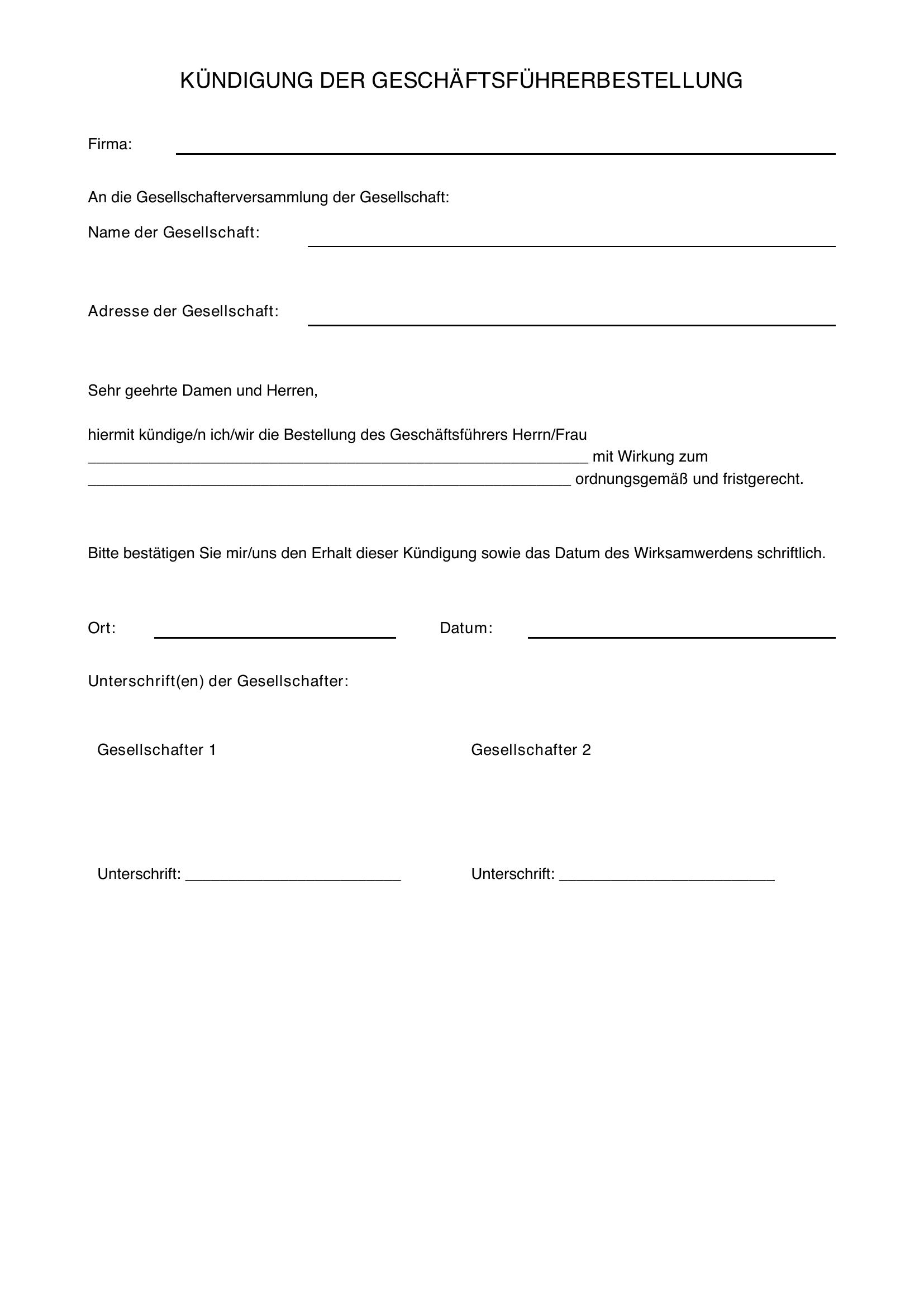 Kündigung Geschäftsführer Vorlage