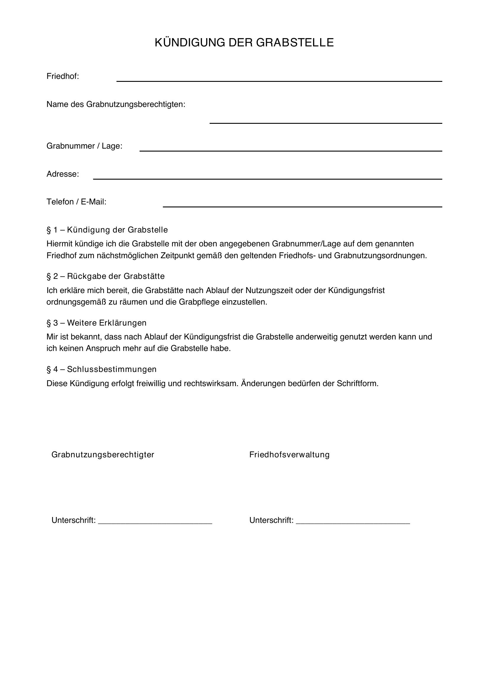 Kündigung Grabstelle Muster