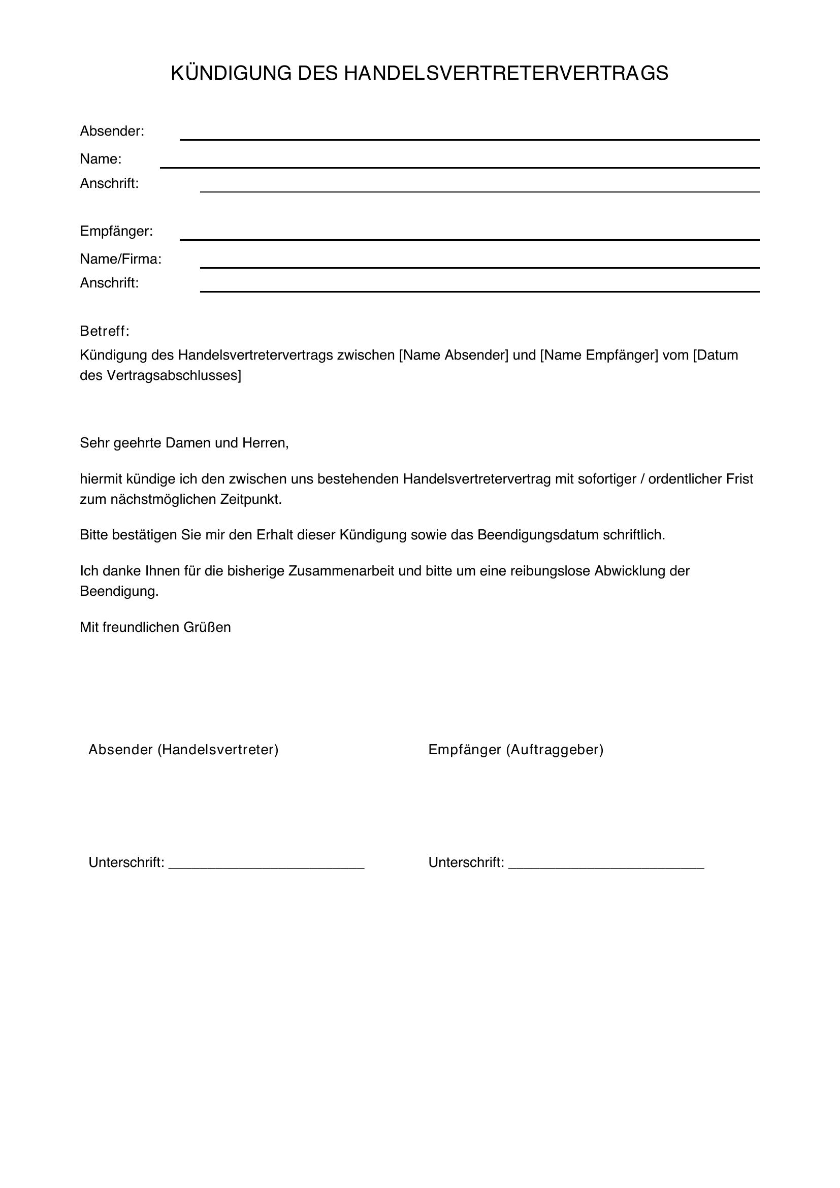 Kündigung Handelsvertretervertrag Muster
