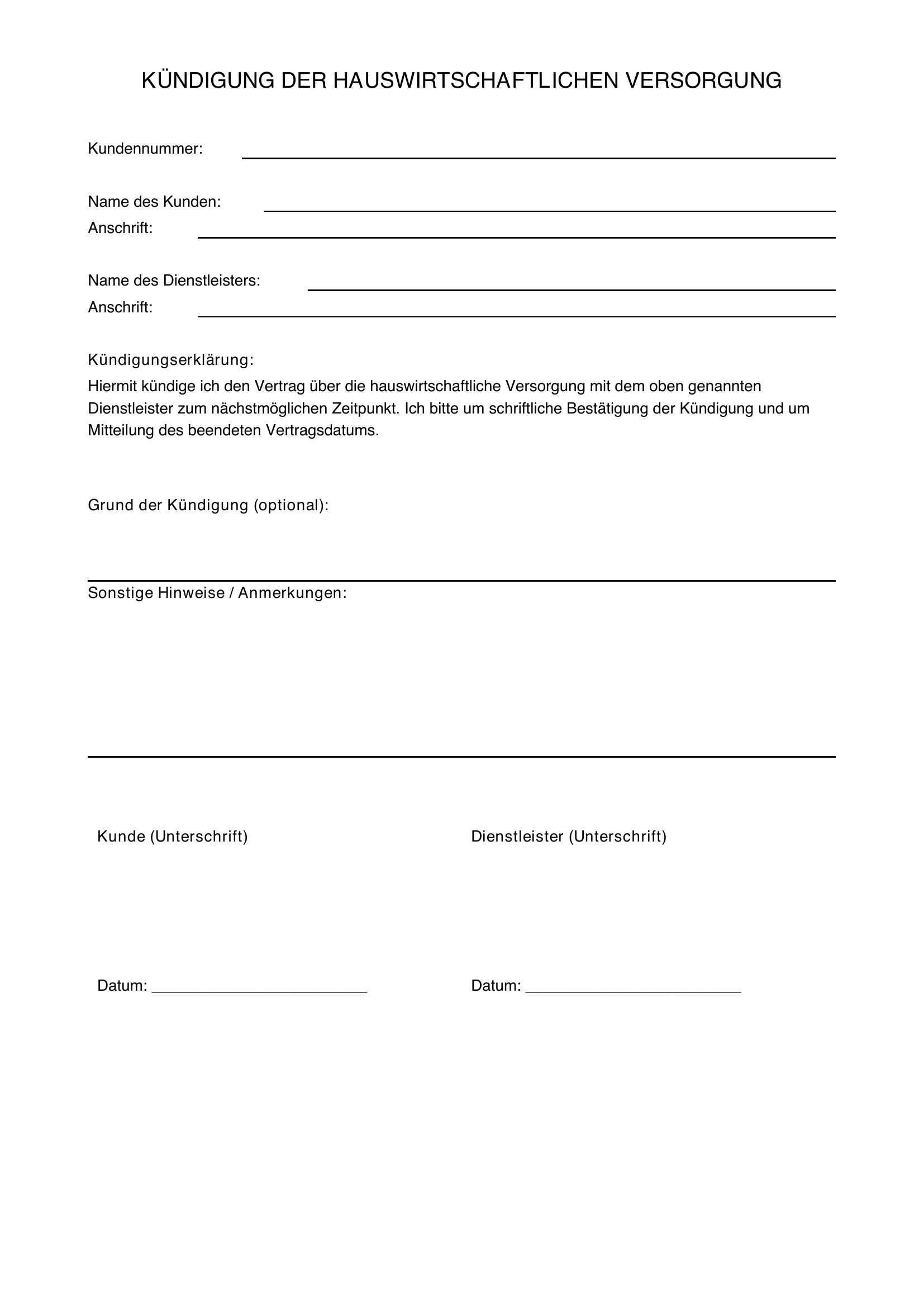Kündigung Hauswirtschaftliche Versorgung Muster