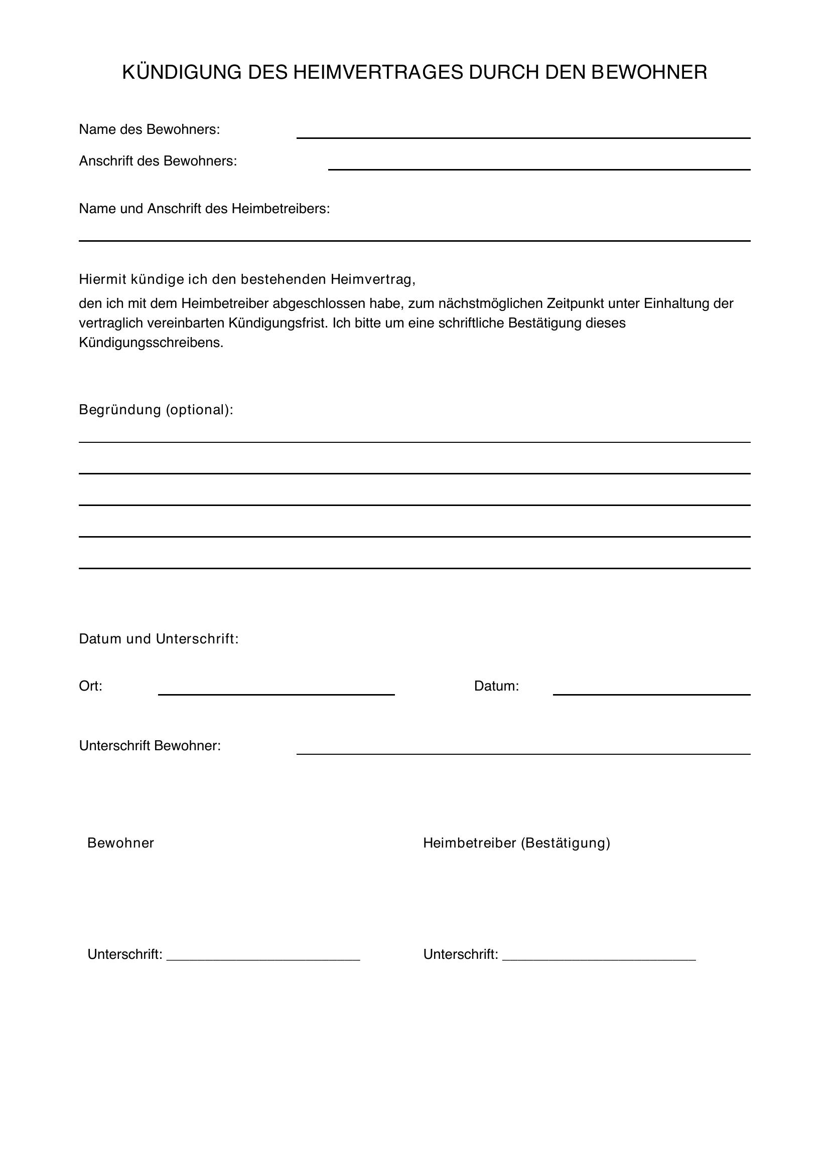 Kündigung Heimvertrag Durch Bewohner Vorlage