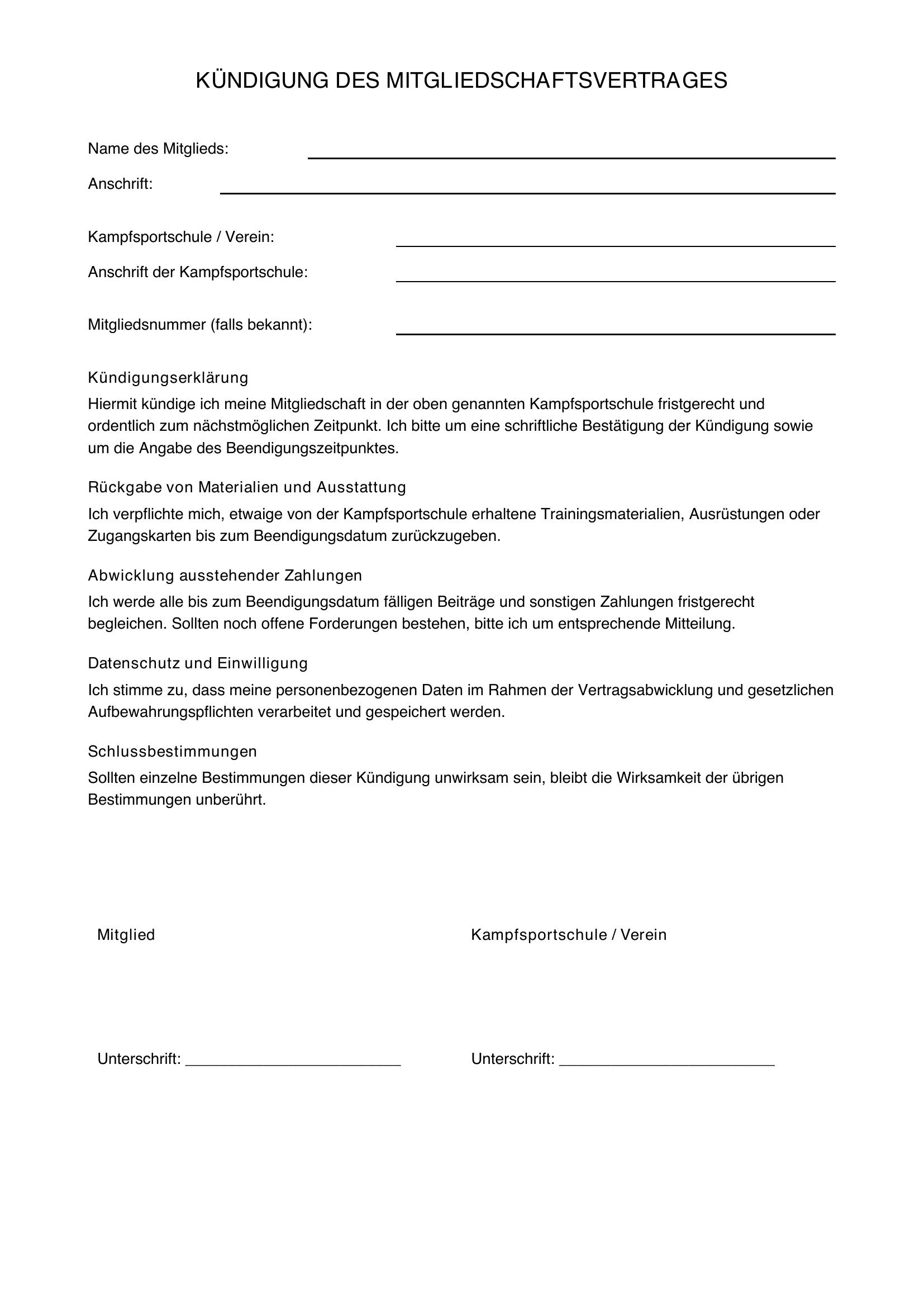 Kündigung Kampfsportschule Vorlage