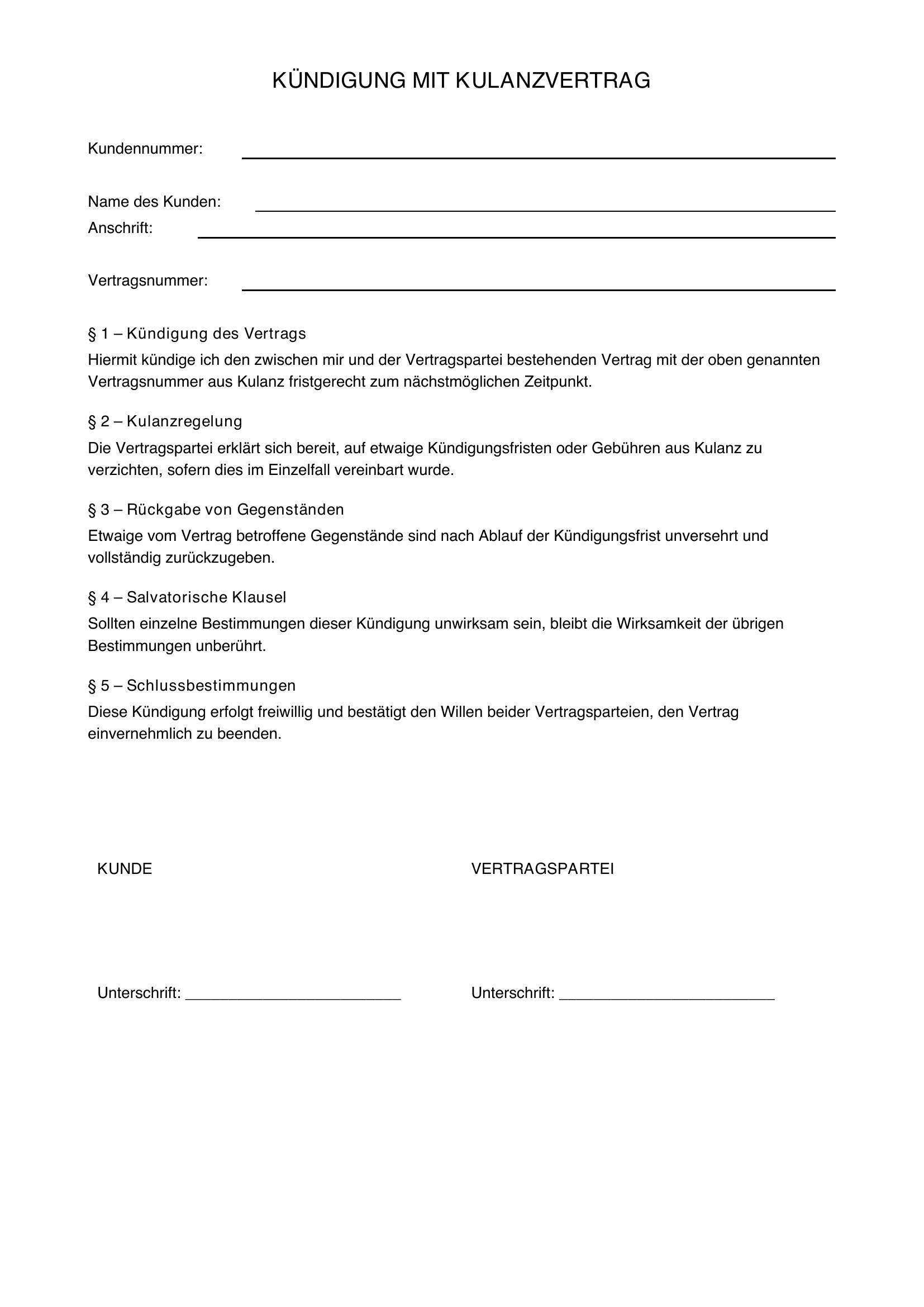 Kündigung Kulanz Formulierung