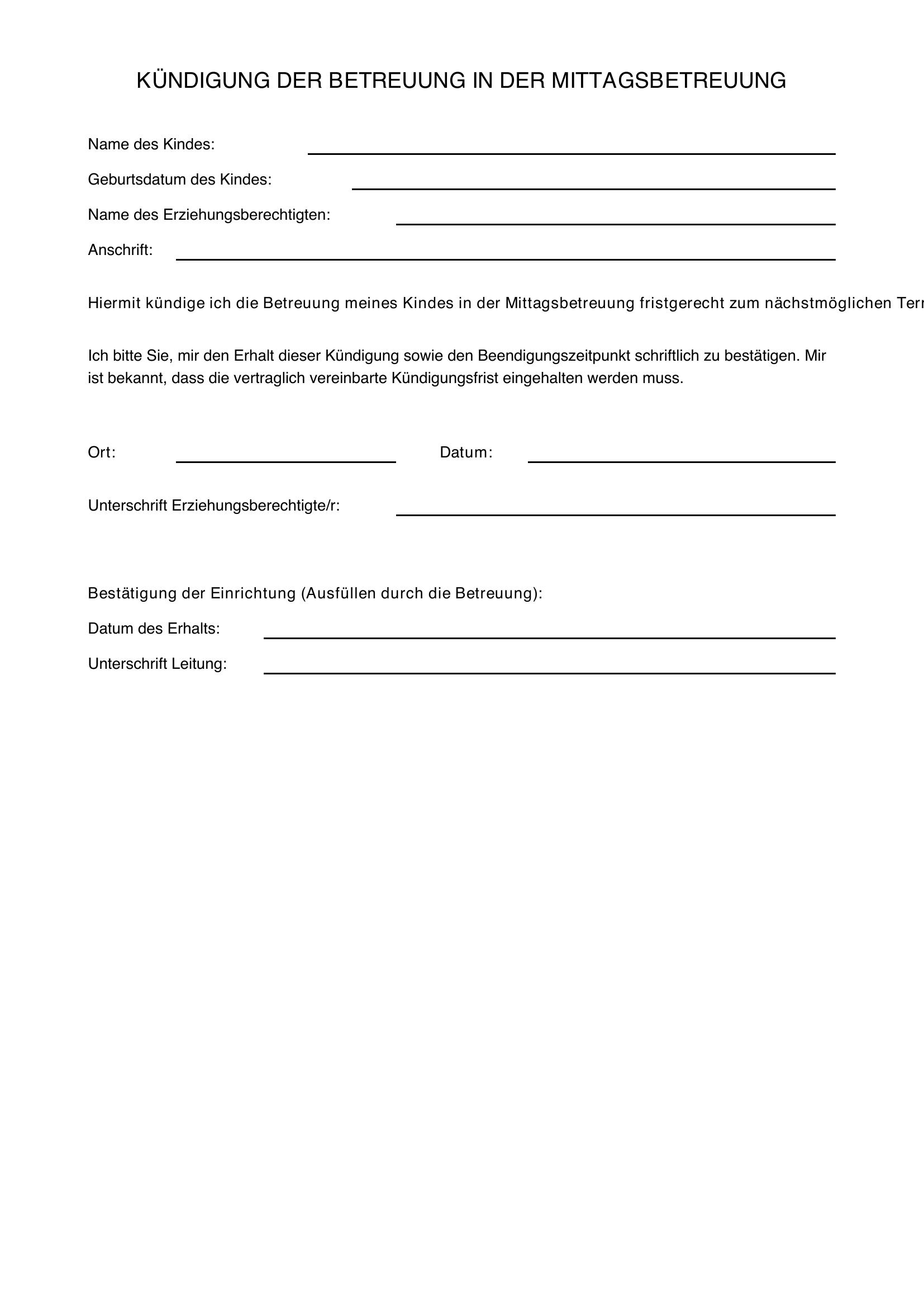 Kündigung Mittagsbetreuung Vorlage