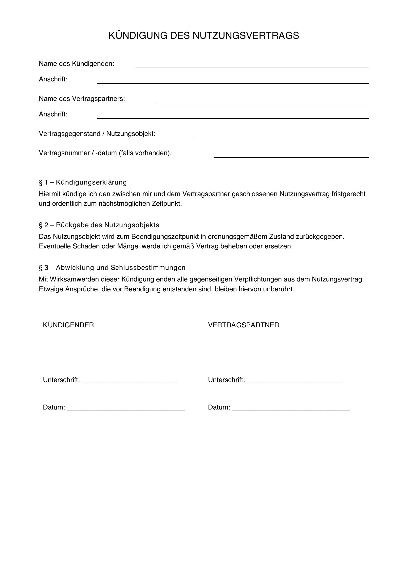 Kündigung Nutzungsvertrag Muster