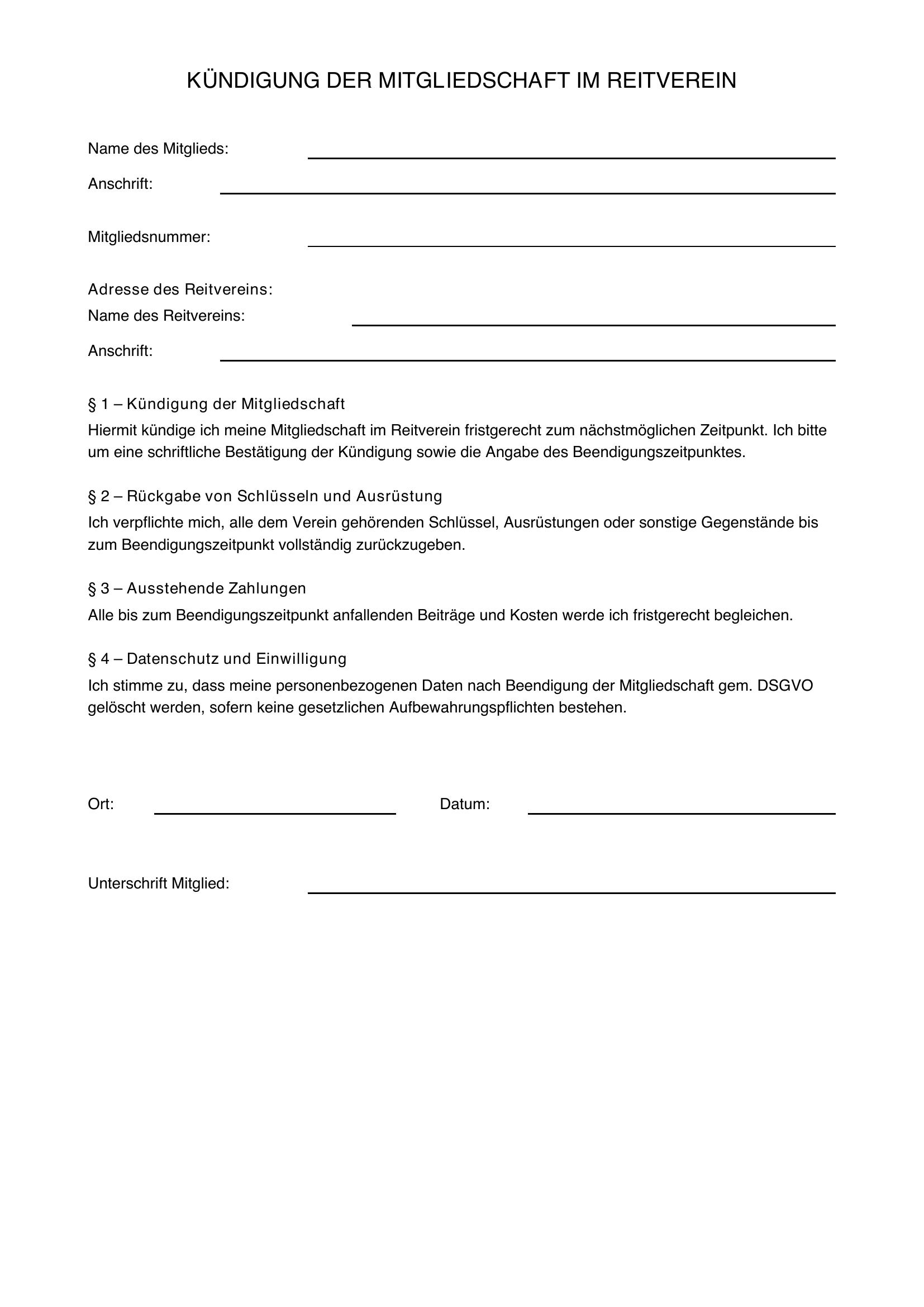 Kündigung Reitverein