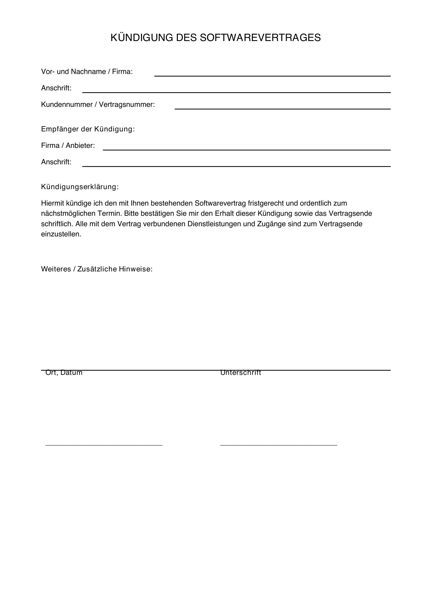 Kündigung Software Vorlage