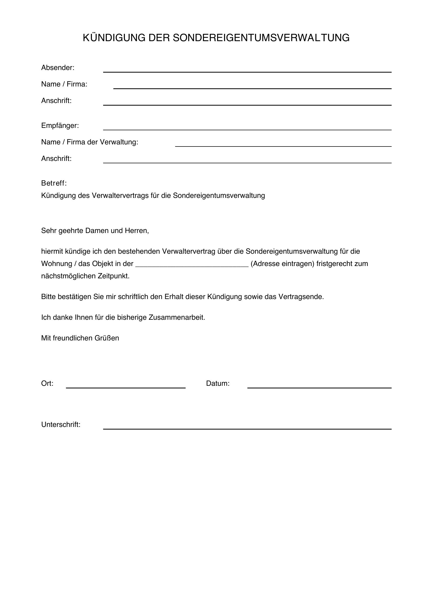 Kündigung Sondereigentumsverwaltung Muster