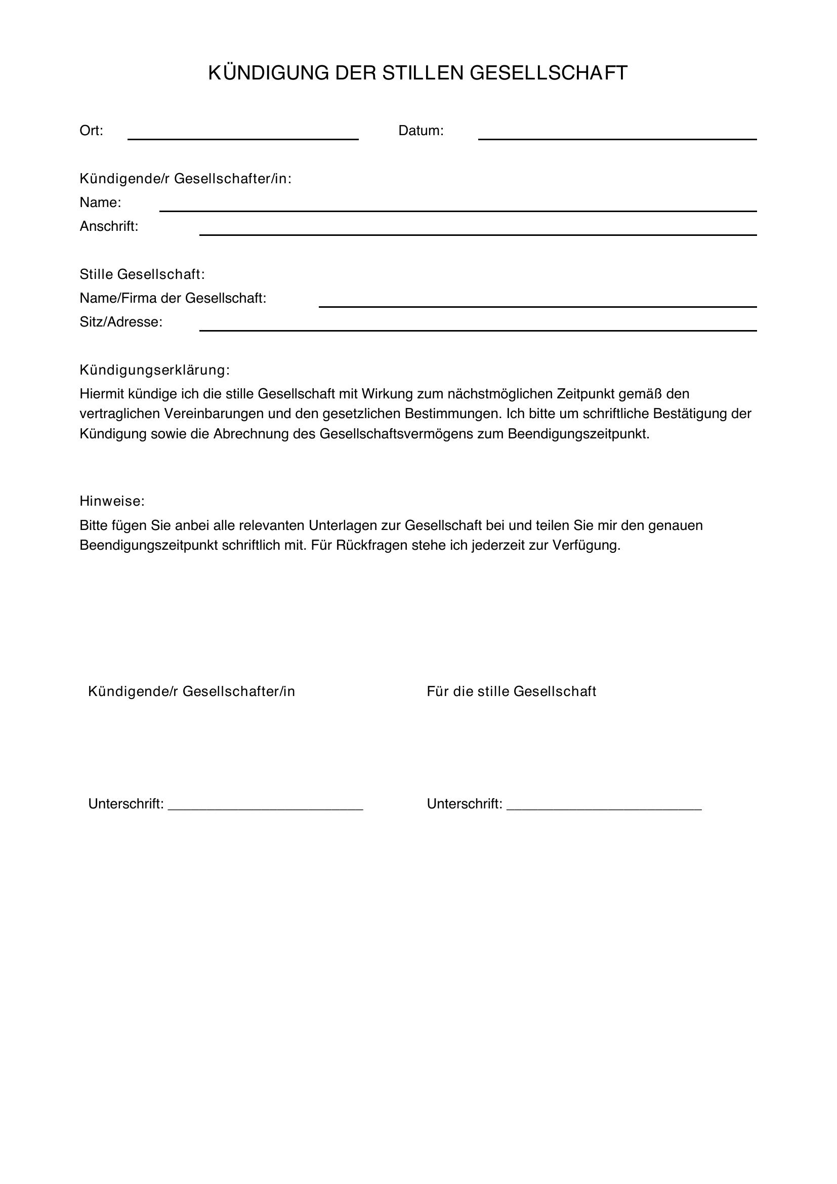 Kündigung Stille Gesellschaft Muster