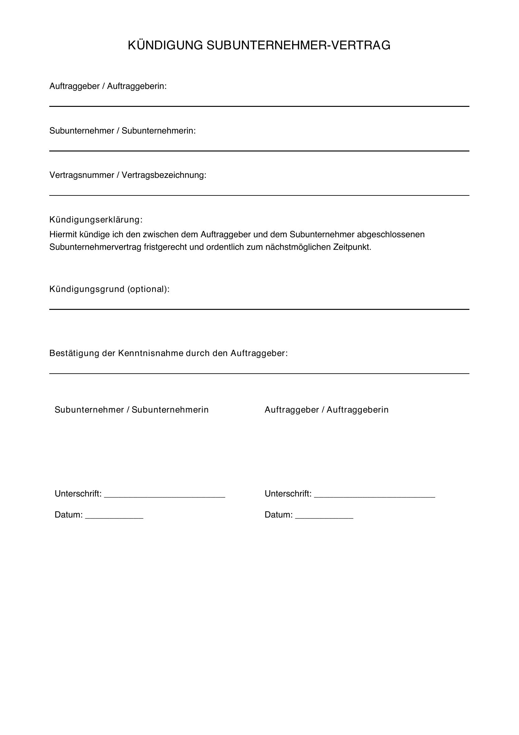 Kündigung Subunternehmervertrag Vorlage