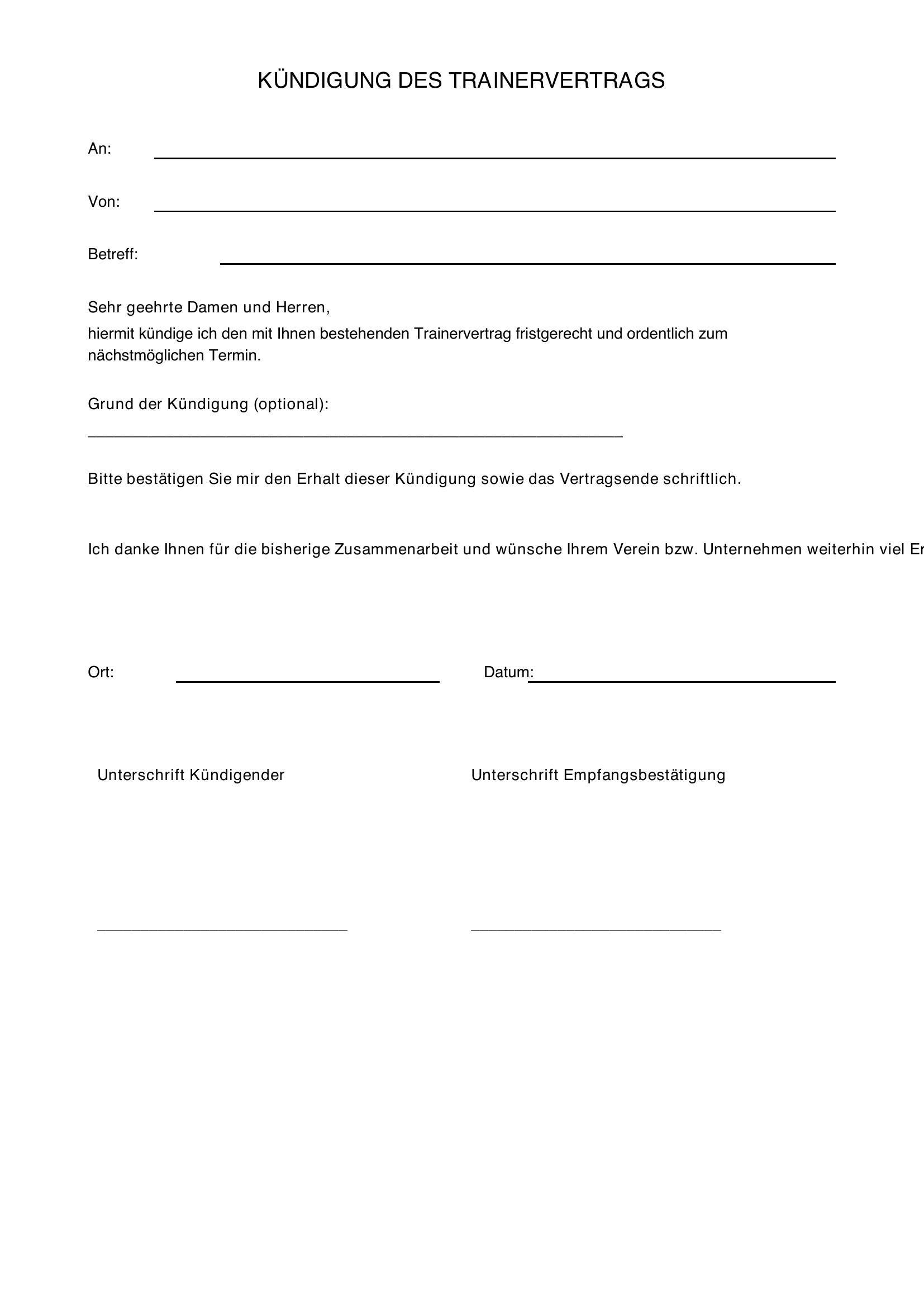 Kündigung Trainervertrag Muster