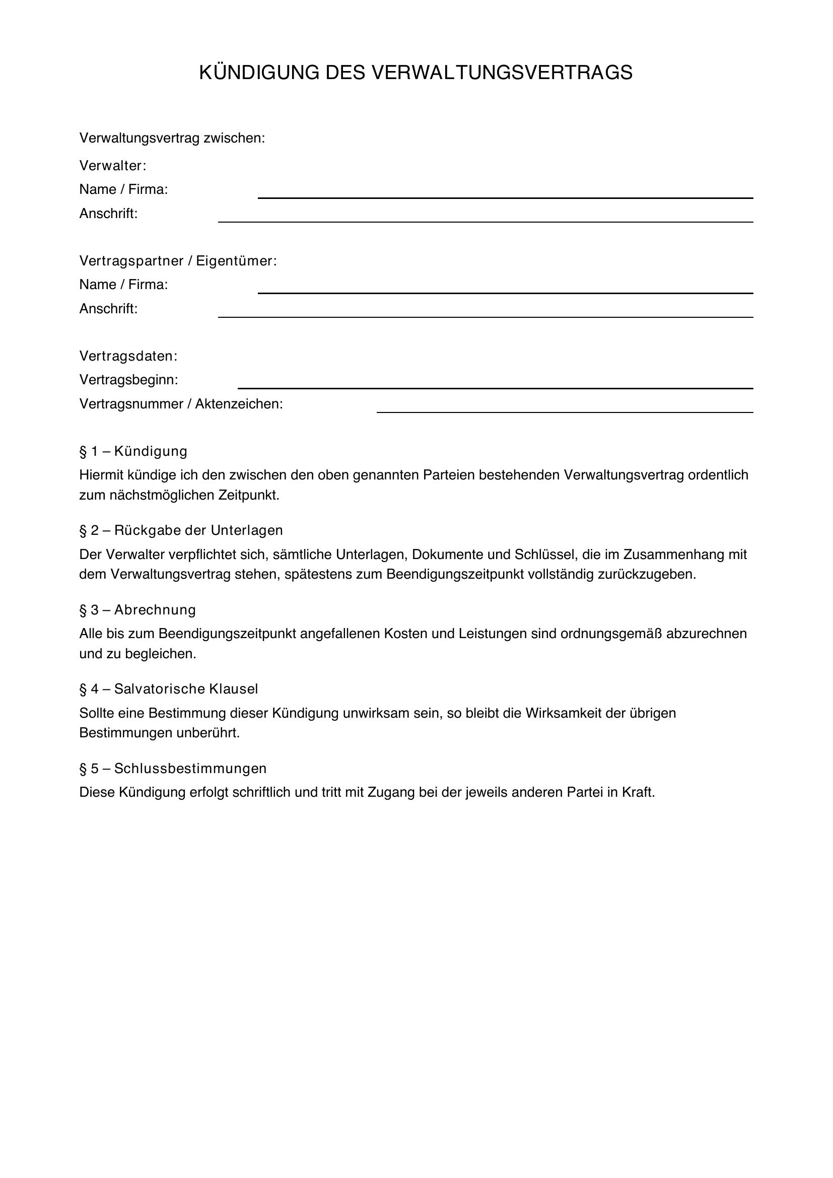 Kündigung Verwaltungsvertrag Muster