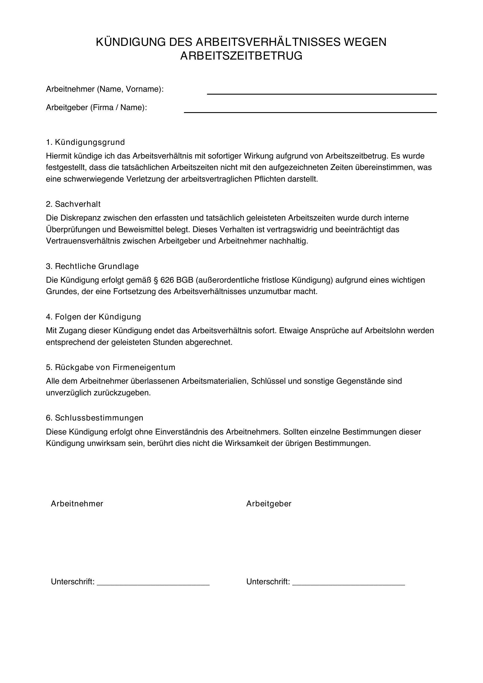 Kündigung Wegen Arbeitszeitbetrug Muster