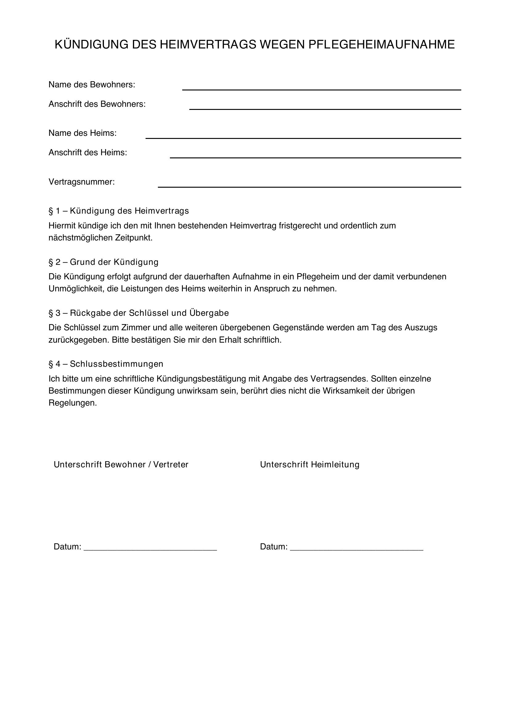 Kündigung Wegen Pflegeheim Muster