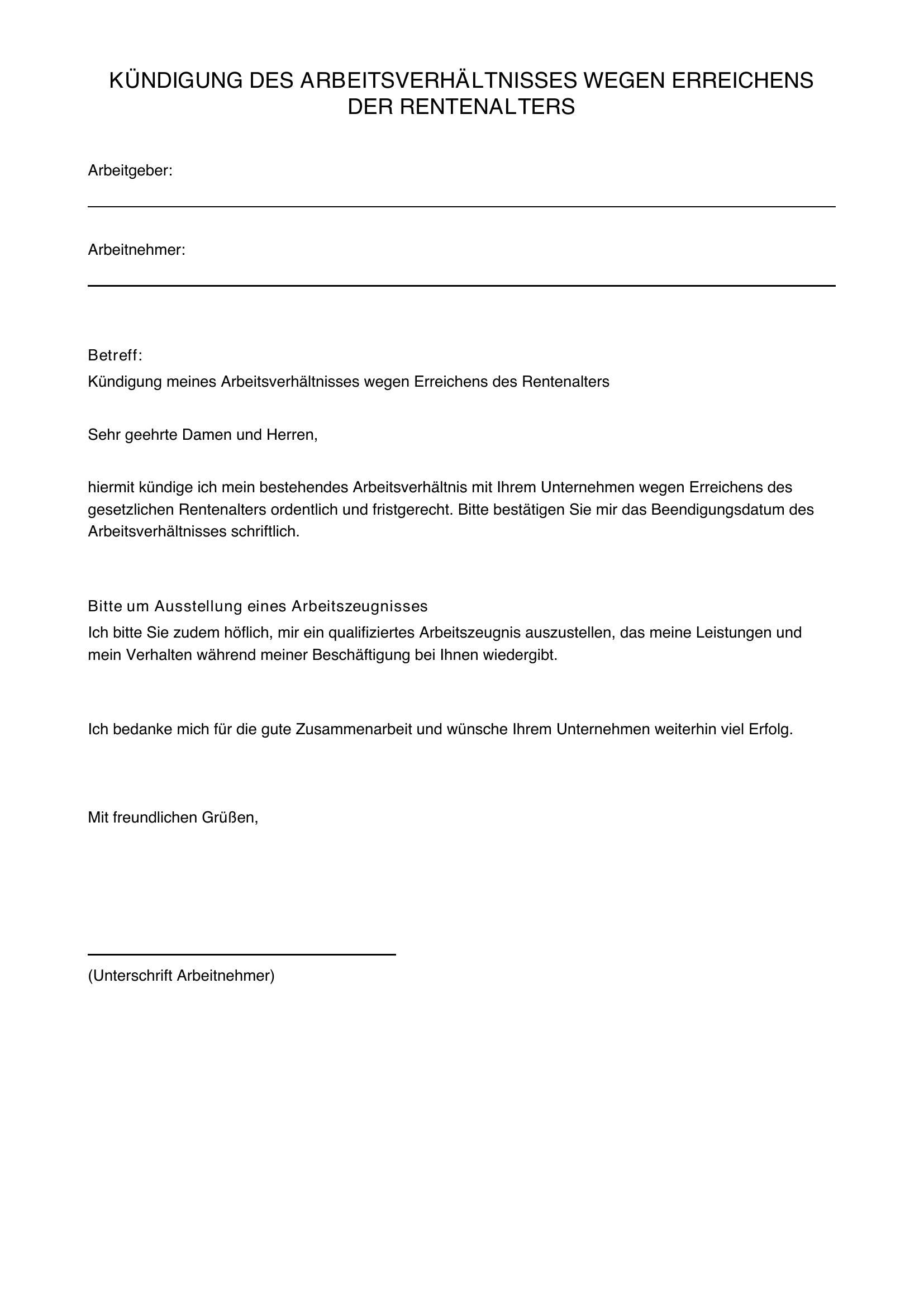 Kündigung Wegen Rente Musterbrief