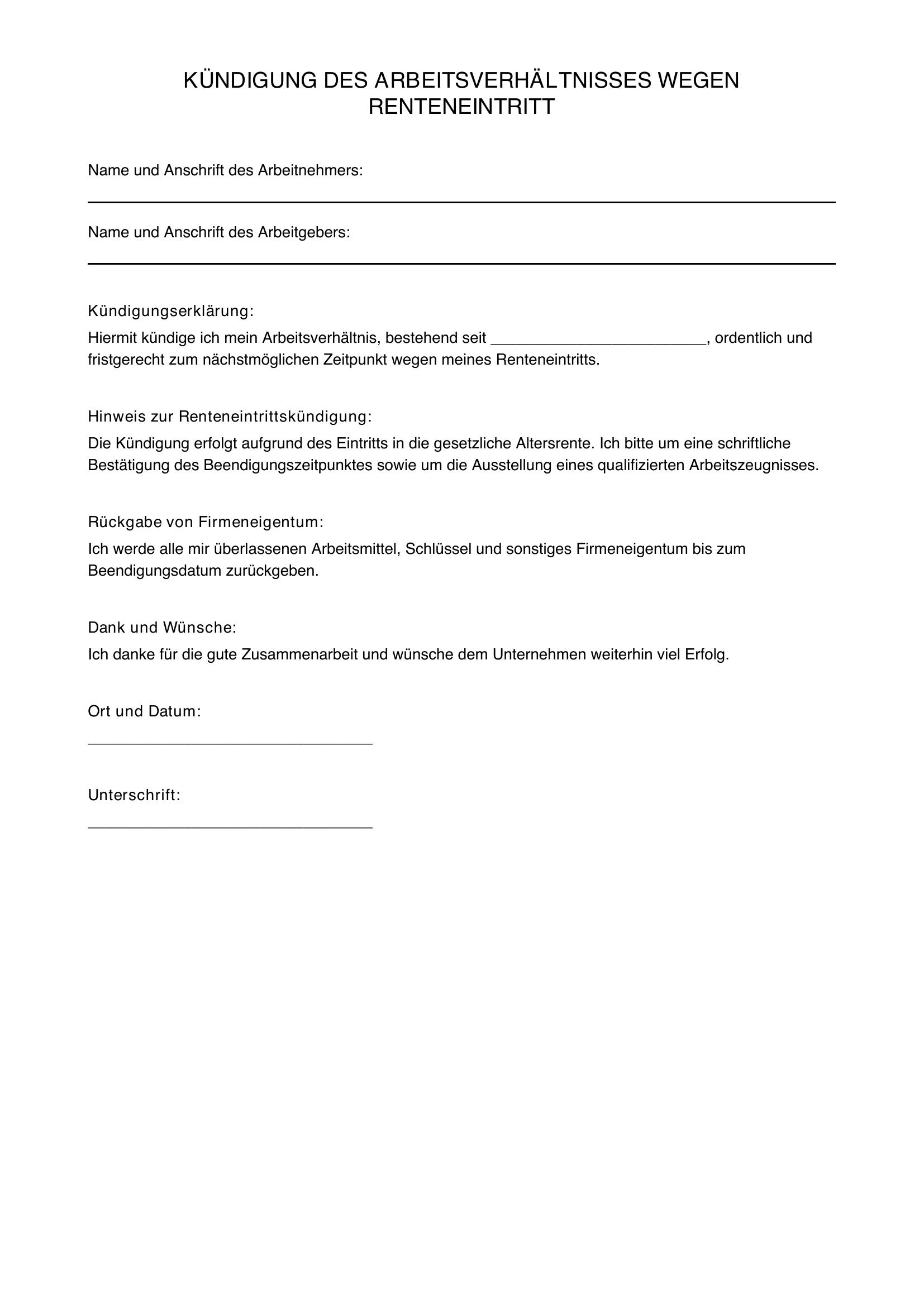 Kündigung Wegen Renteneintritt
