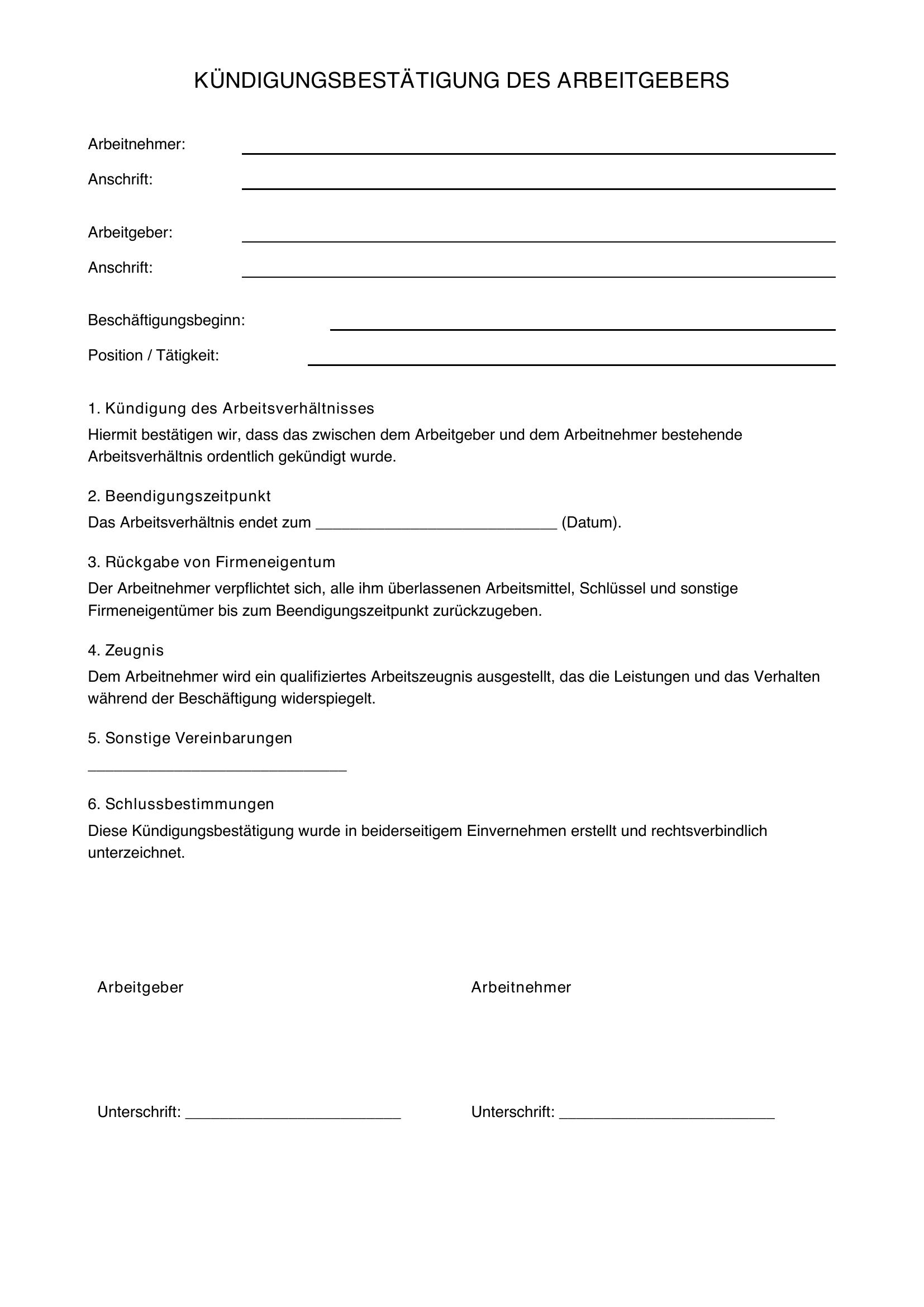 Kündigungsbestätigung Arbeitgeber Muster