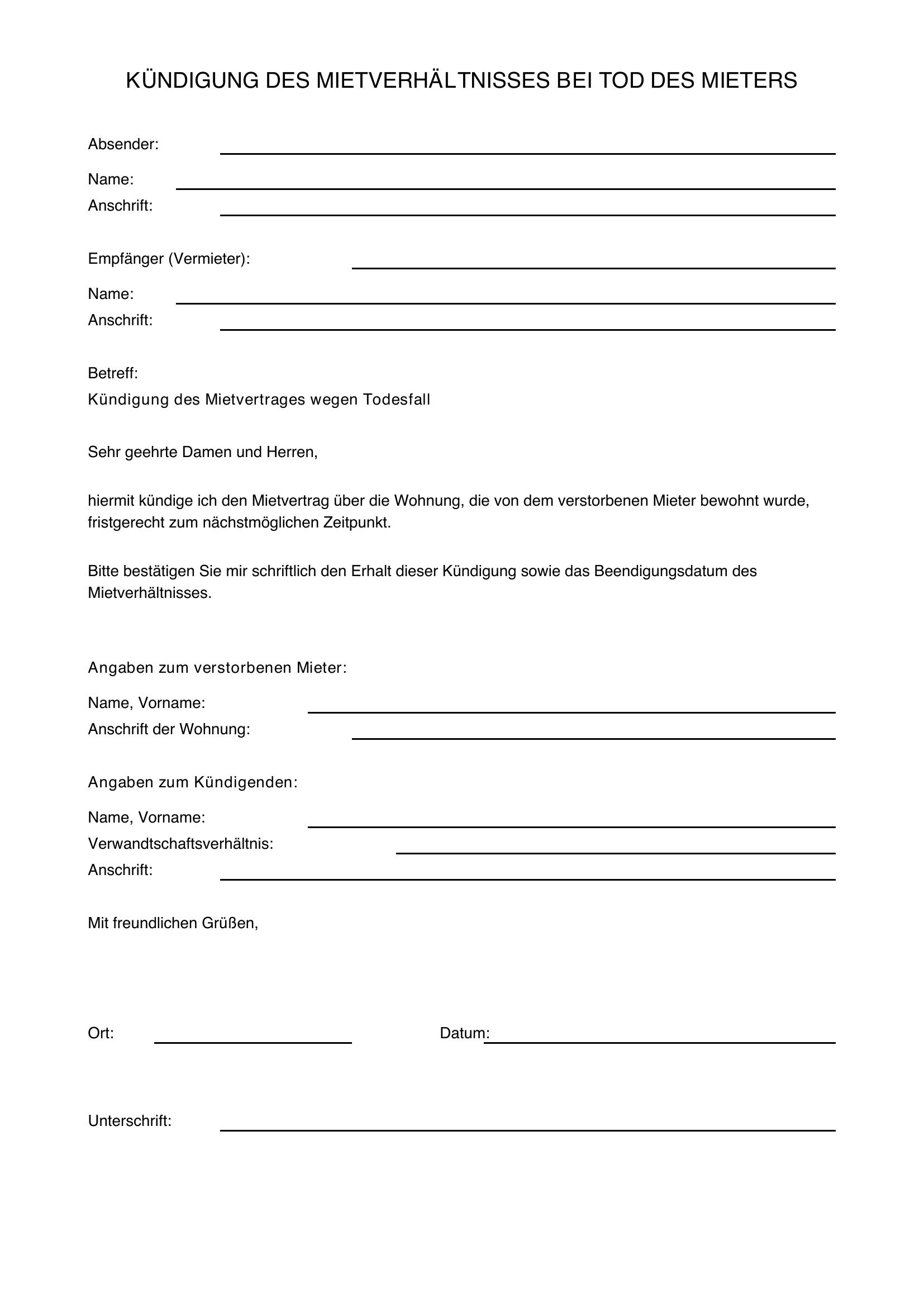 Kündigungsschreiben Todesfall Muster