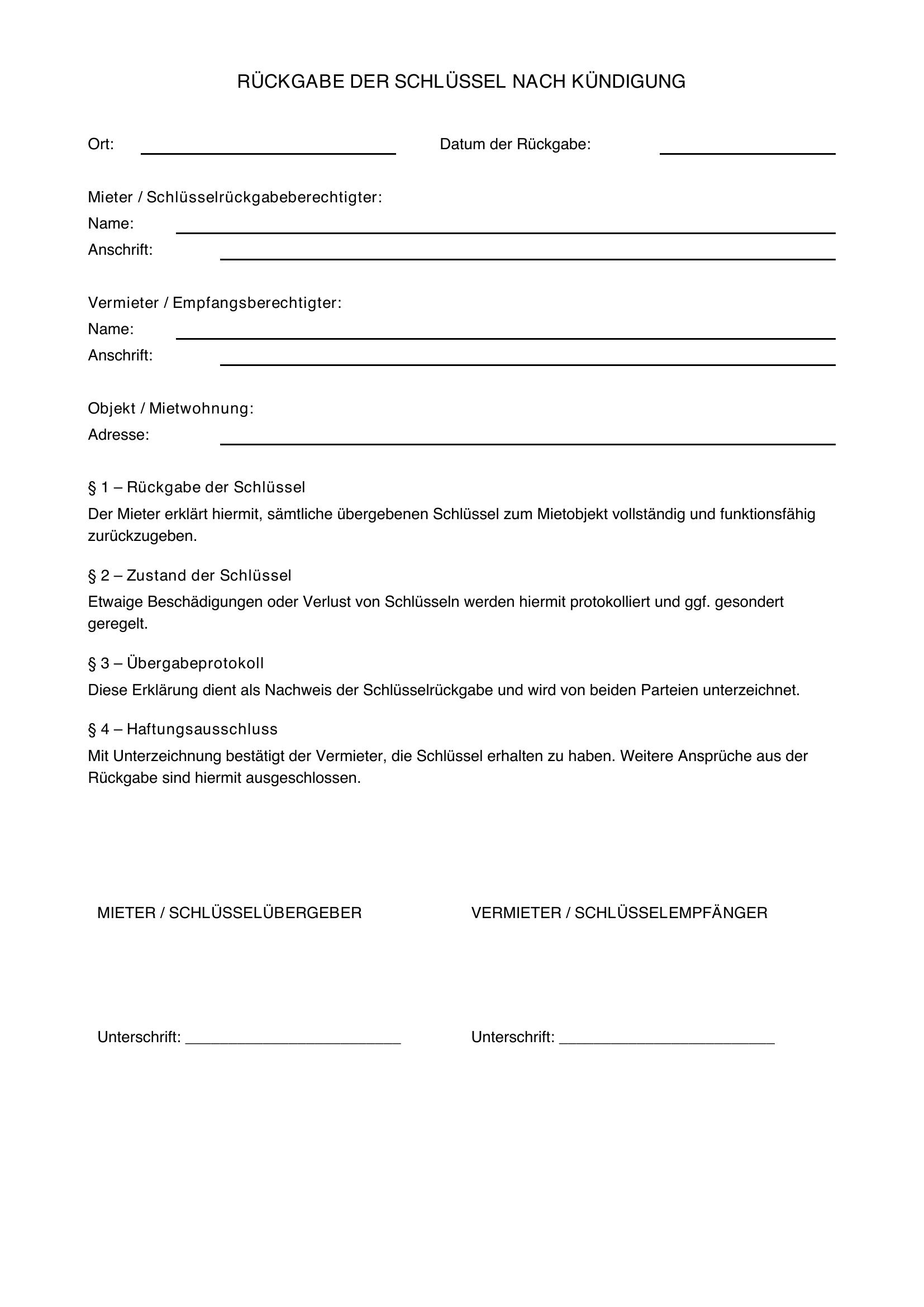 Rückgabe Schlüssel Nach Kündigung Vorlage