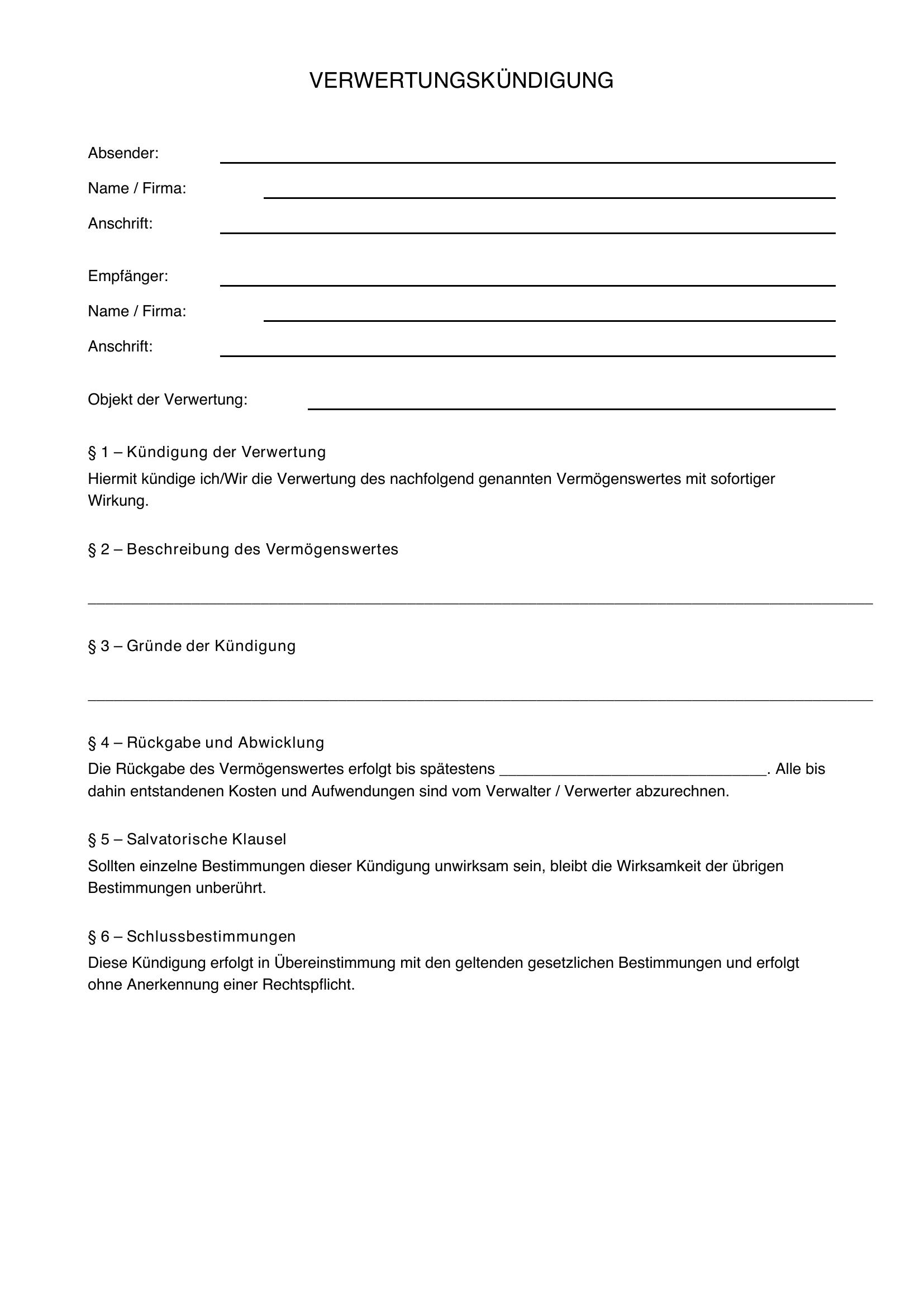Verwertungskündigung Muster