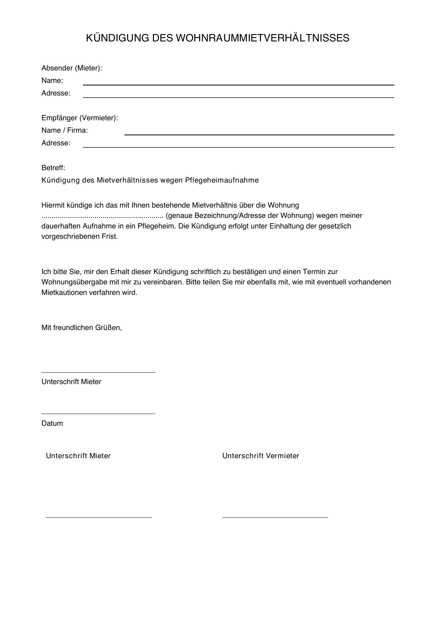 Wohnungskündigung Wegen Pflegeheim Muster